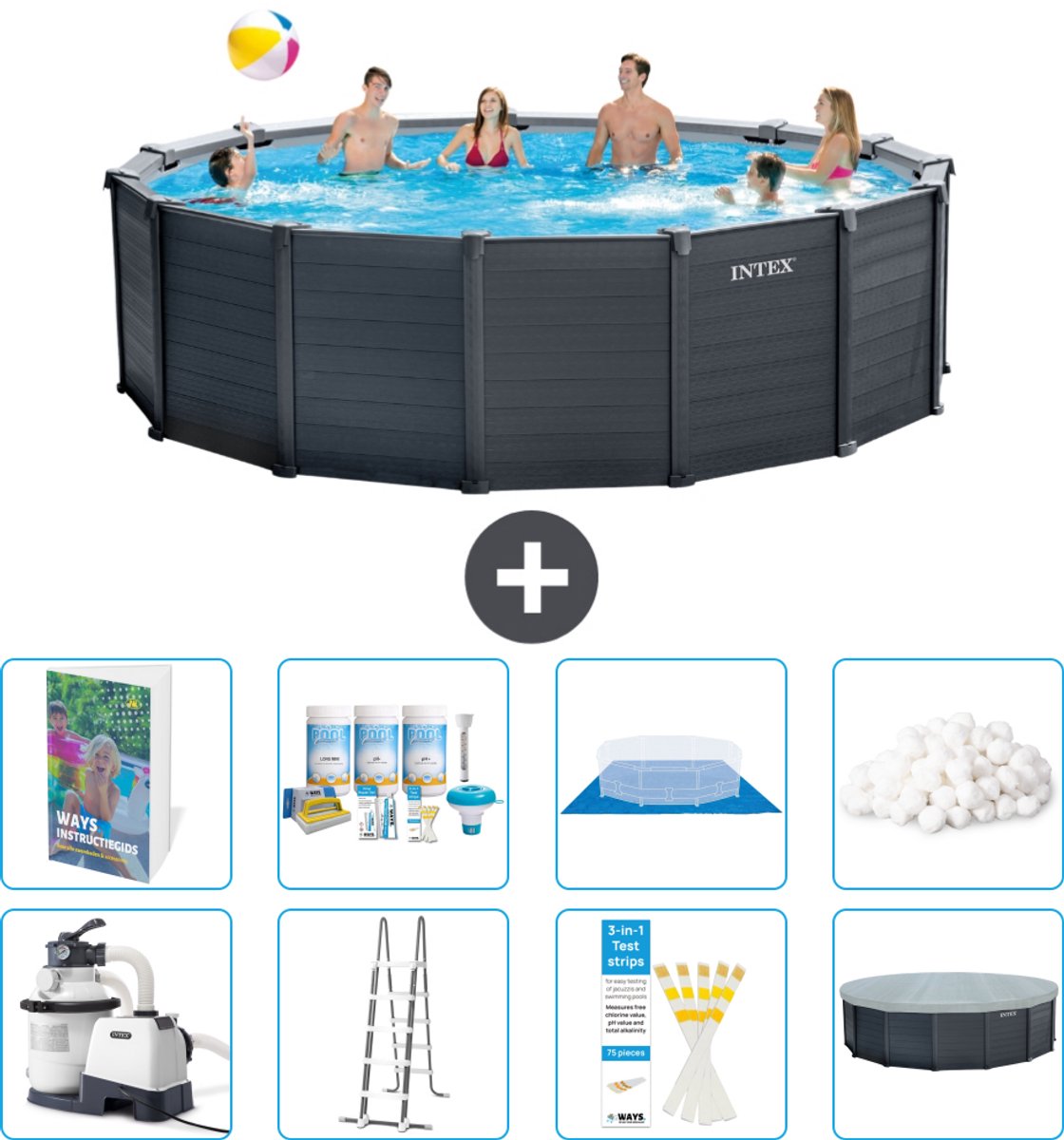 Intex Rond Graphite Gray Panel Zwembad - 478 x 124 cm - Inclusief Pomp - Ladder - Grondzeil - Afdekzeil - Onderhoudspakket - Filterbollen - 9-delig