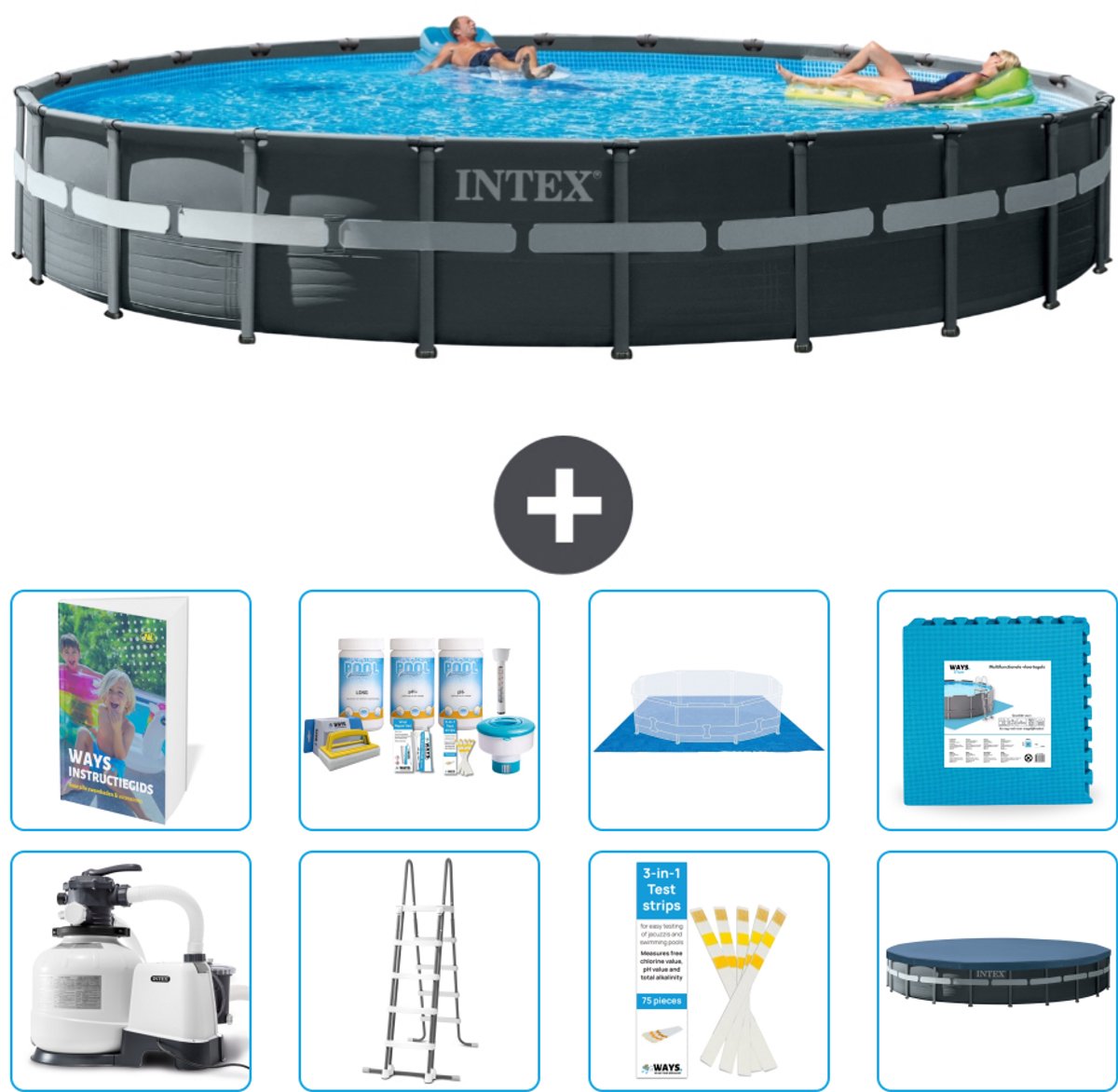 Intex Rond Ultra XTR Frame Zwembad - 732 x 132 cm - Inclusief Pomp - Ladder - Grondzeil - Afdekzeil - Onderhoudspakket - Vloertegels - 9-delig