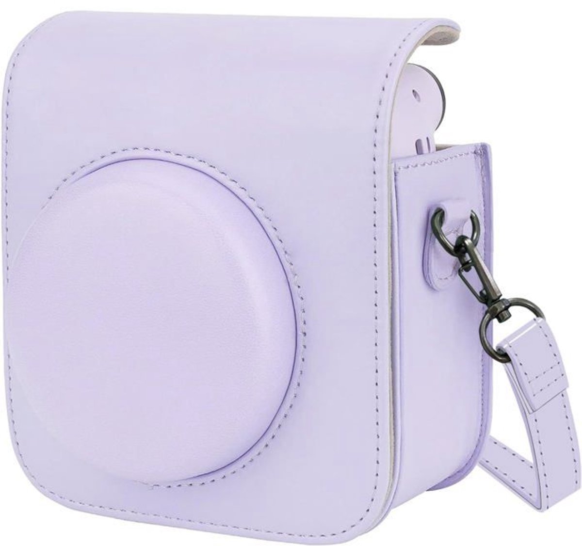 Cameratas voor Fujifilm Instax Mini 12 instantcamera's, met schouderriem en paars label.
