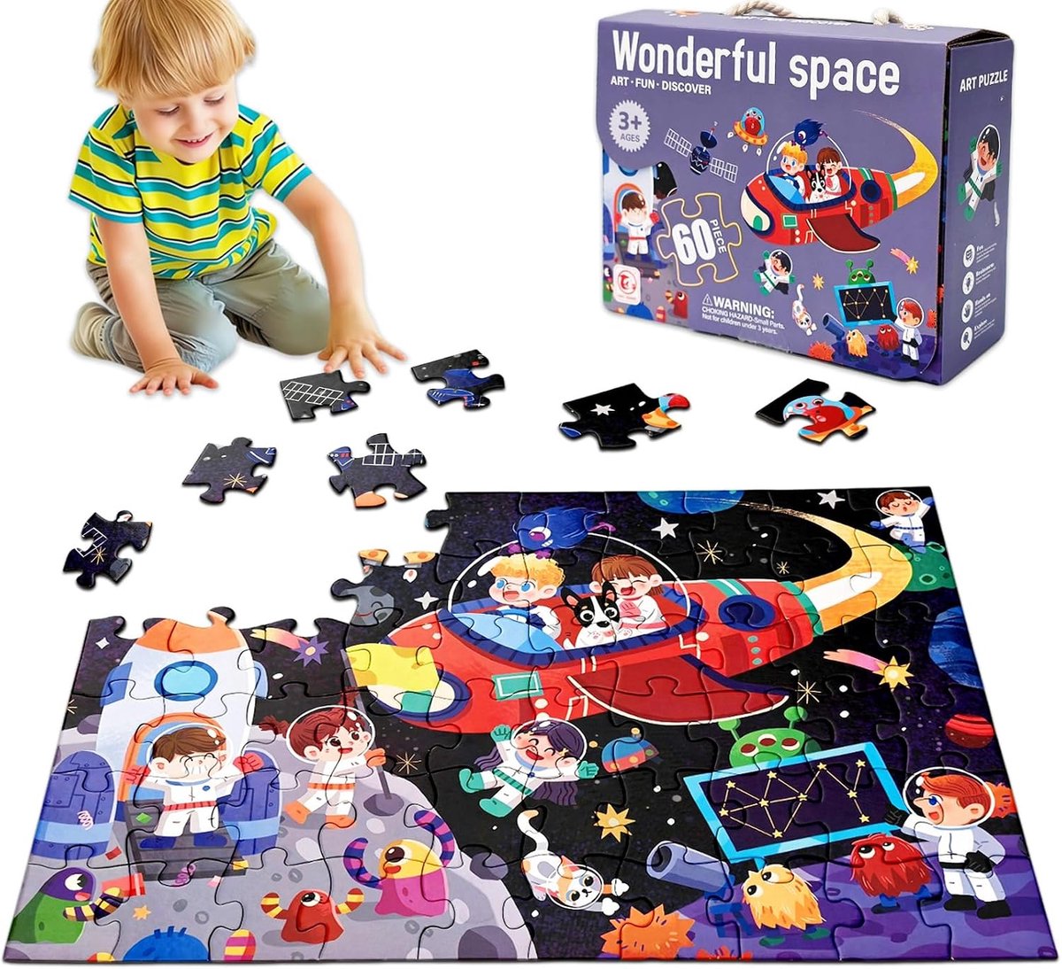SnelShoppen - Vloerpuzzel 60 Stukjes Ruimtereis Zonnestelsel Model Puzzel Montessori Speelgoed voor Kinderen vanaf 3 Jaar - 60 x 44 cm, Verjaardagscad