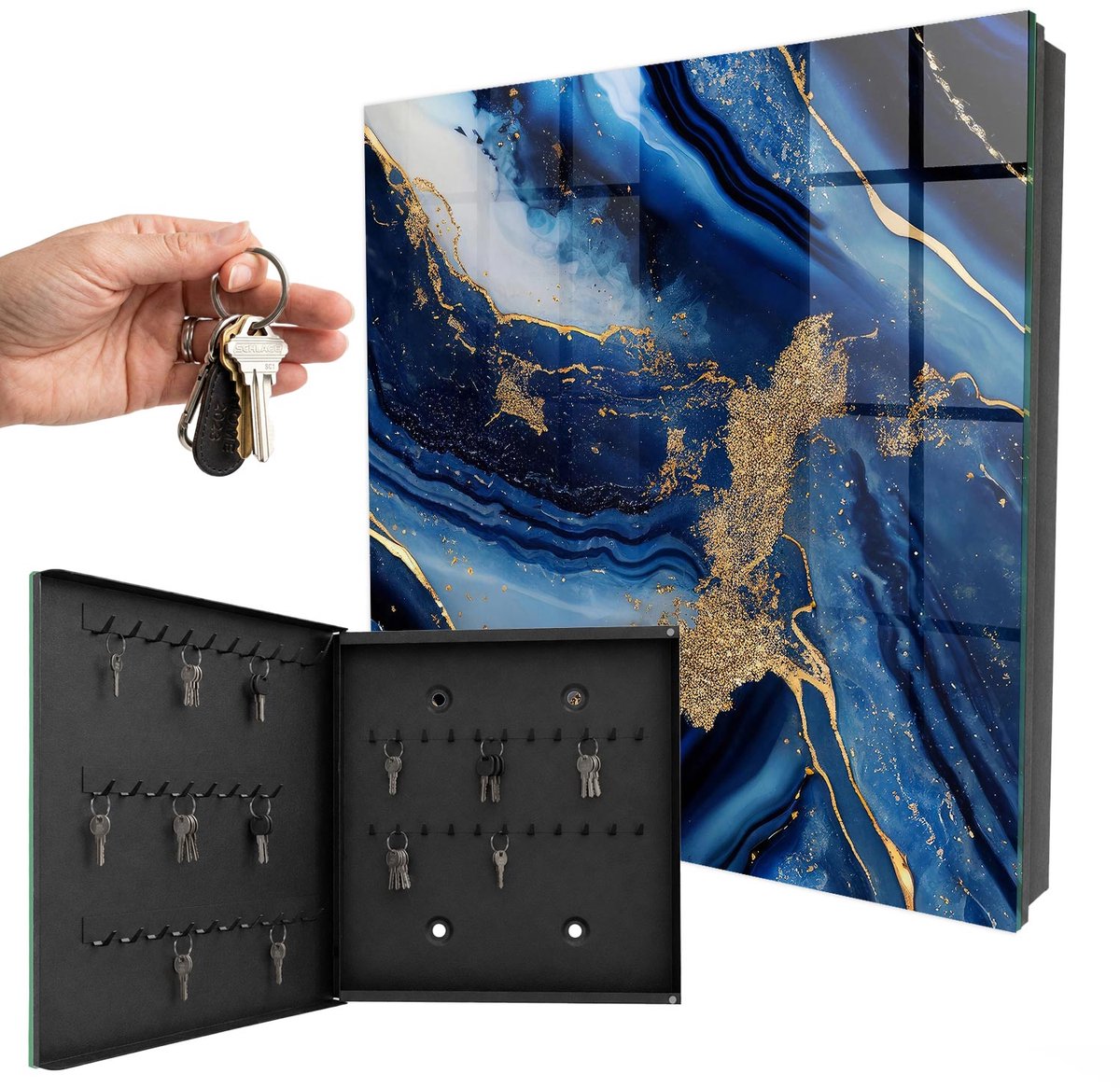 WallMuralia - Sleutelkast - 30x30x5 cm - met 50 haken - Marineblauwe Strepen Sleutelkastje Muur - Marine Sleutelbox - Linksopenend - Zwart interieur