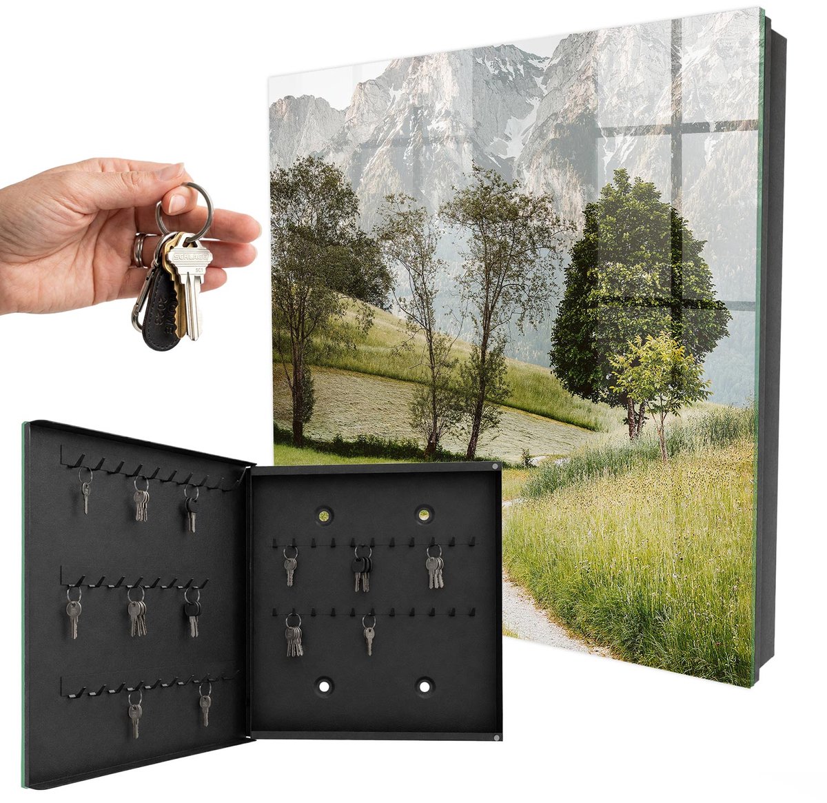 WallMuralia - Sleutelkast - 30x30x5 cm - met 50 haken - Berglandschap Sleutelkastje Klein - Groente Sleutelbox - Linksopenend - Zwart interieur