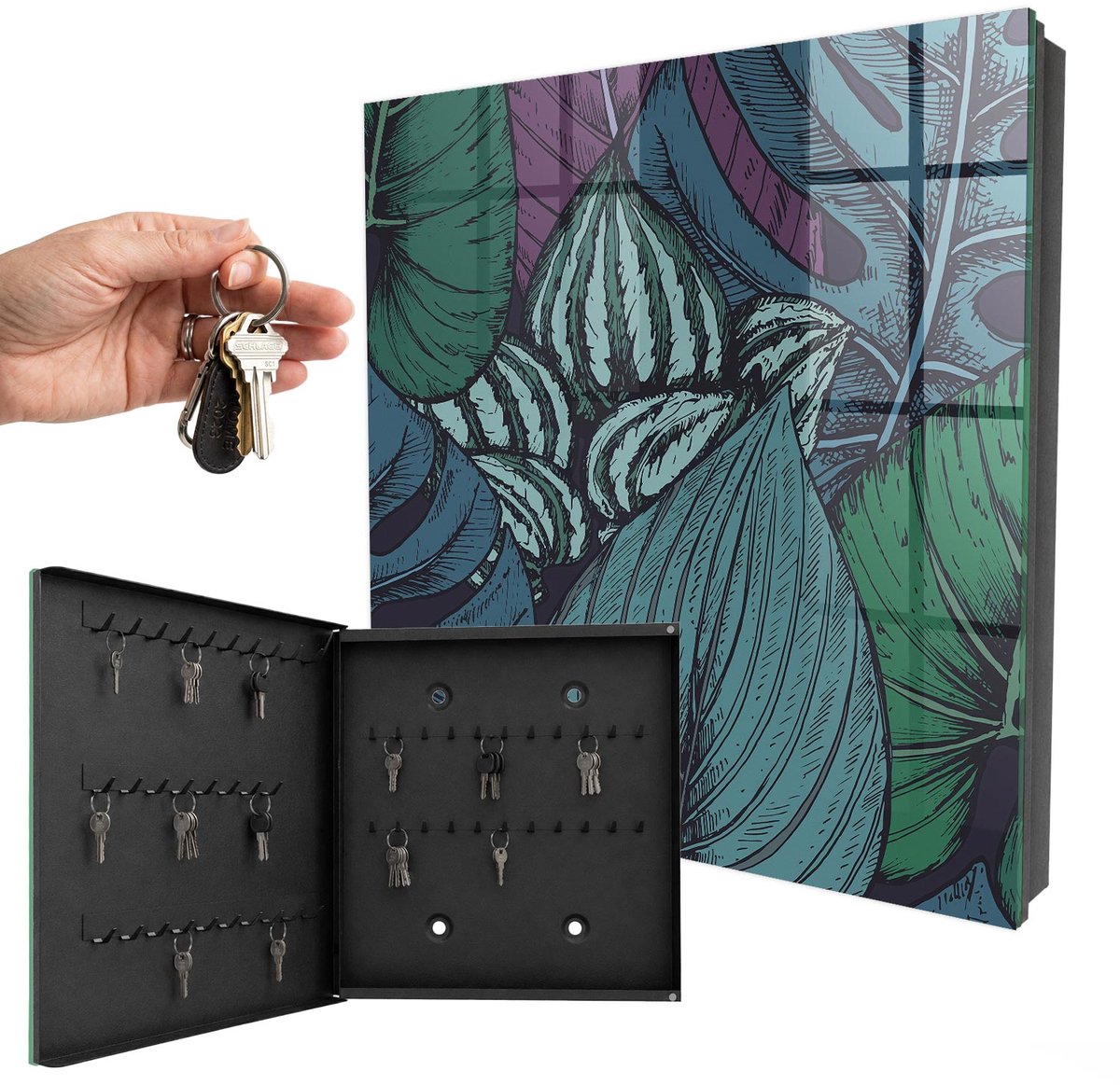 WallMuralia - Sleutelkast - 30x30x5 cm - met 50 haken - Mysterieuze Bladeren Sleutelkastje Huis - Groente Sleutelbox - Linksopenend - Zwart interieur