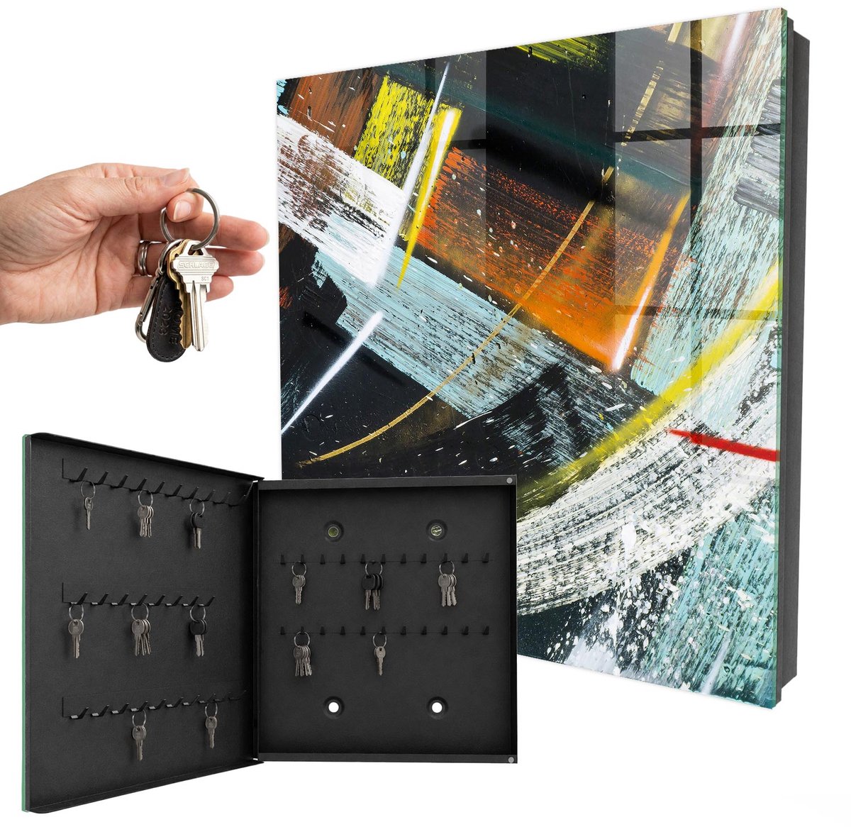 WallMuralia - Sleutelkast - 30x30x5 cm - met 50 haken - Kleurrijke Werveling Sleutelkastje Voor Binnen - Zwart Sleutelbox - Linksopenend - Zwart interieur