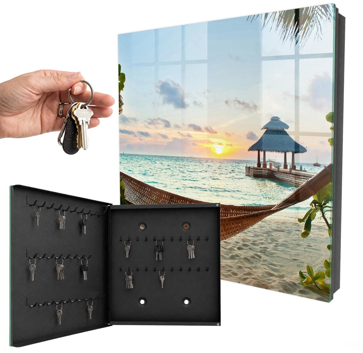 WallMuralia - Sleutelkast - 30x30x5 cm - met 50 haken - Ontspanning Aan Het Strand Sleutelkastje Modern - Blauw Sleutelbox - Linksopenend - Zwart interieur