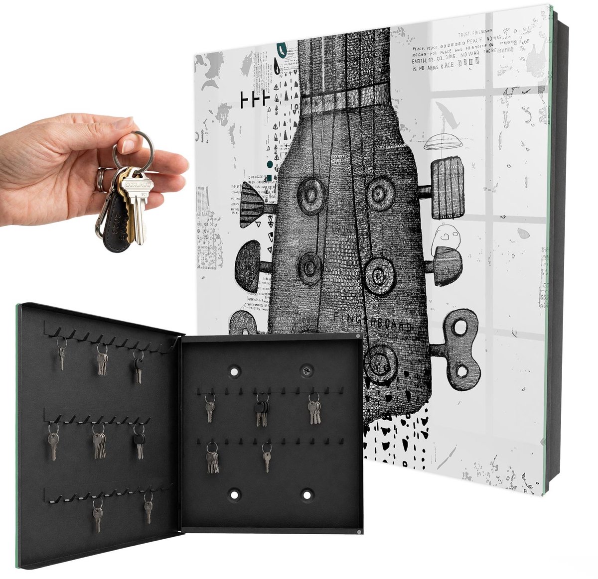 WallMuralia - Sleutelkast - 30x30x5 cm - met 50 haken - Gitaarillustratie Sleutelkastje Design - Wit Sleutelbox - Linksopenend - Zwart interieur