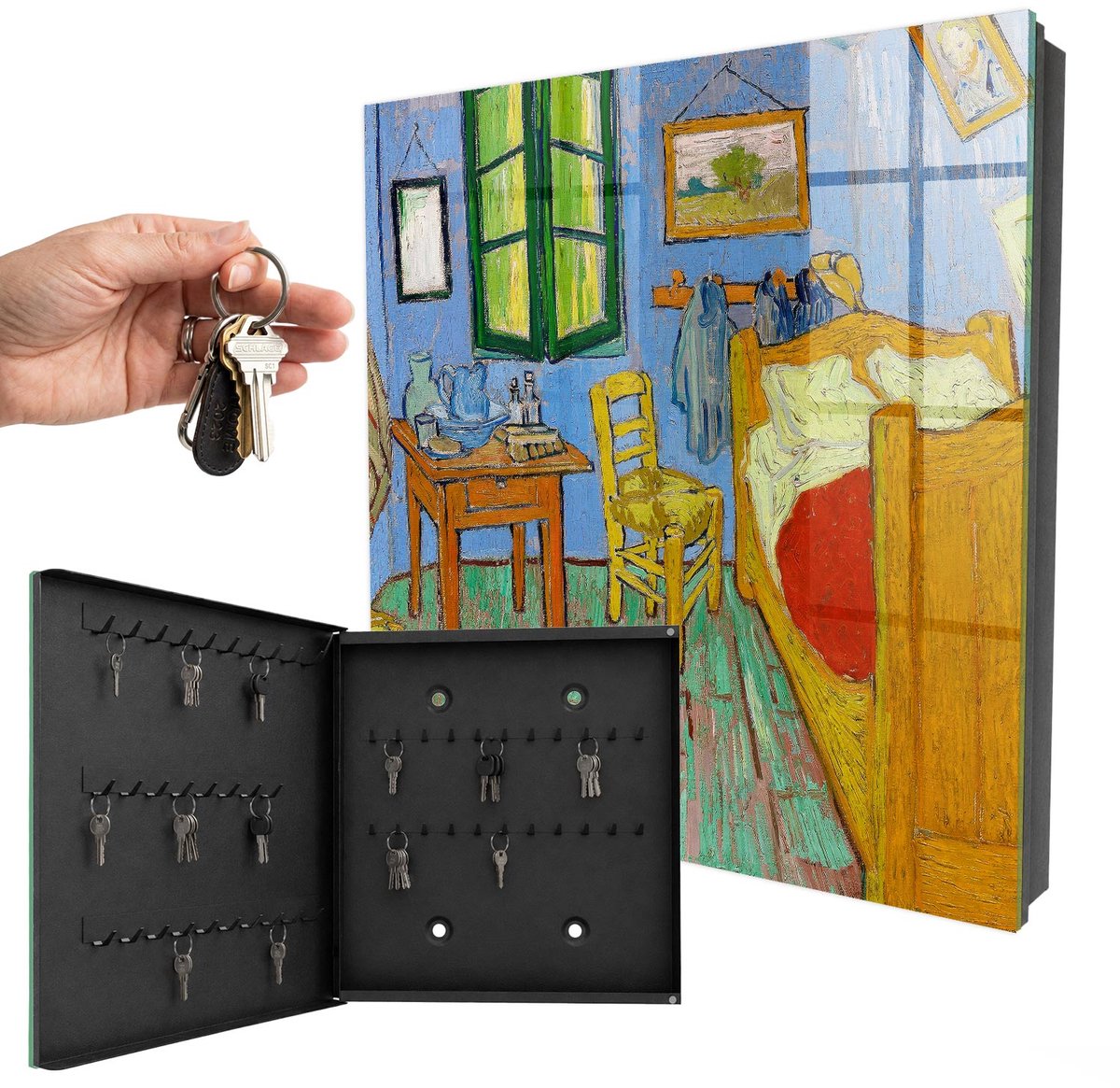 WallMuralia - Sleutelkast - 30x30x5 cm - met 50 haken - Gezellige Kamer Sleutelkastje Huis - Blauw Sleutelbox - Linksopenend - Zwart interieur