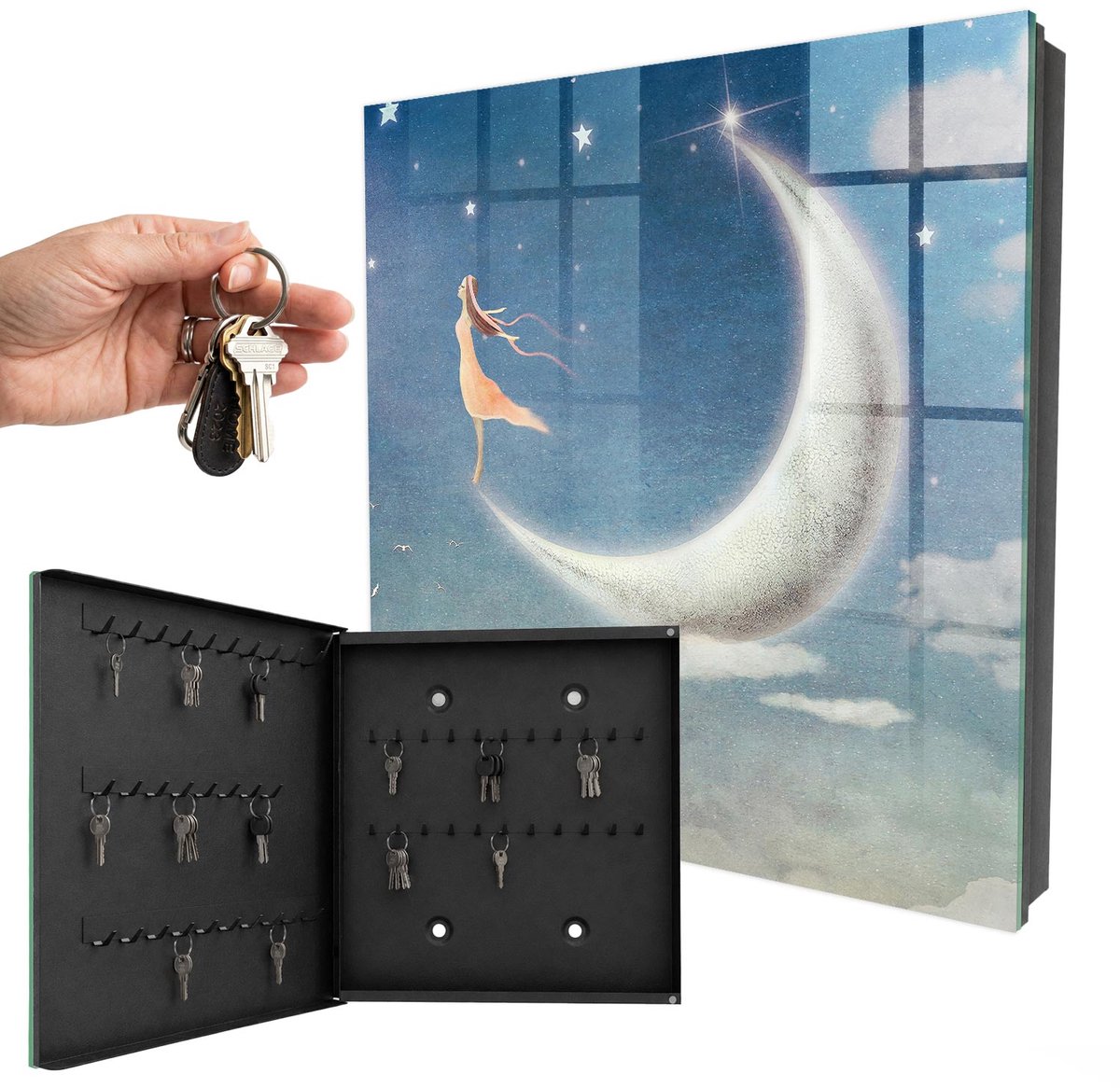 WallMuralia - Sleutelkast - 30x30x5 cm - met 50 haken - Hemelse Reis Sleutelkastje Modern - Blauw Sleutelbox - Linksopenend - Zwart interieur