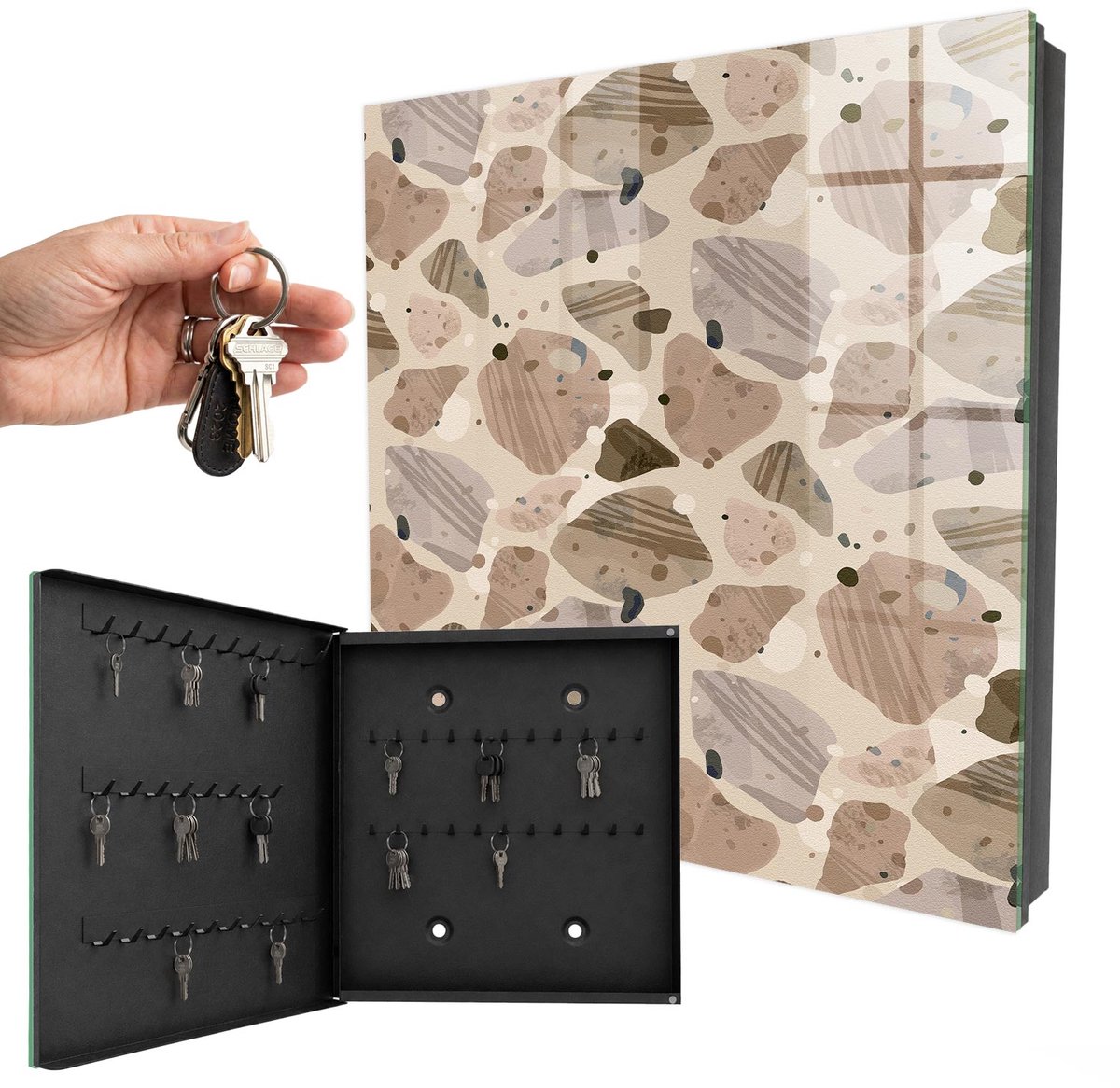 WallMuralia - Sleutelkast - 30x30x5 cm - met 50 haken - Organische Samenstellingen Sleutelkastje Binnen - Beige Sleutelbox - Linksopenend - Zwart interieur