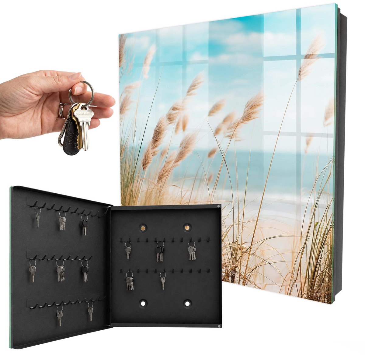 WallMuralia - Sleutelkast - 30x30x5 cm - met 50 haken - Zomerstrand Leuk Sleutelkastje - Turkoois Sleutelbox - Linksopenend - Zwart interieur