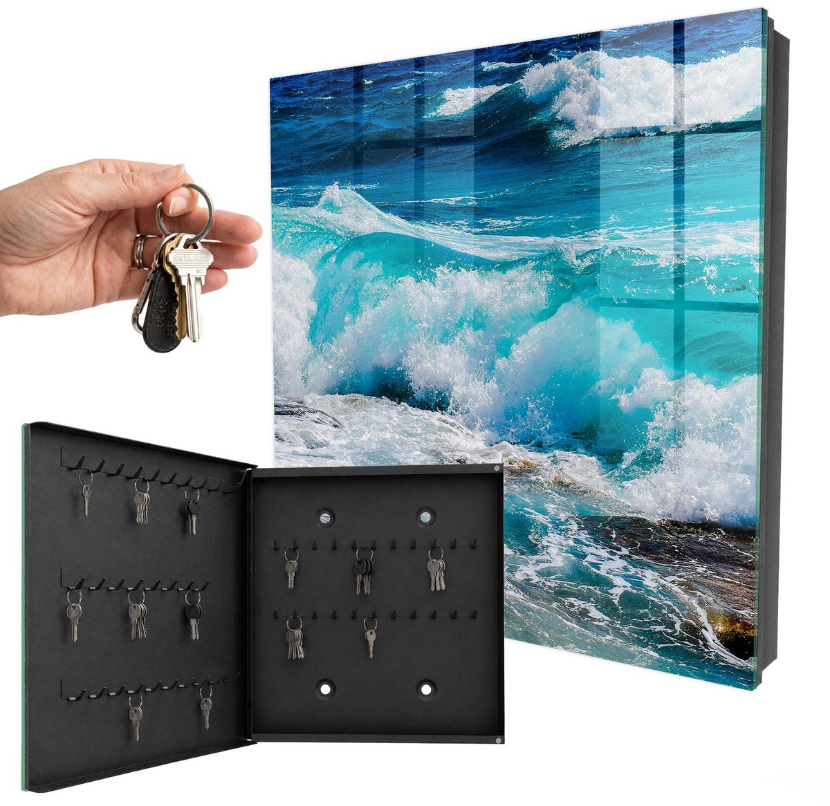 WallMuralia - Sleutelkast - 30x30x5 cm - met 50 haken - De Kracht Van Golven Sleutelkastje Voor Binnen - Turkoois Sleutelbox - Linksopenend - Zwart interieur