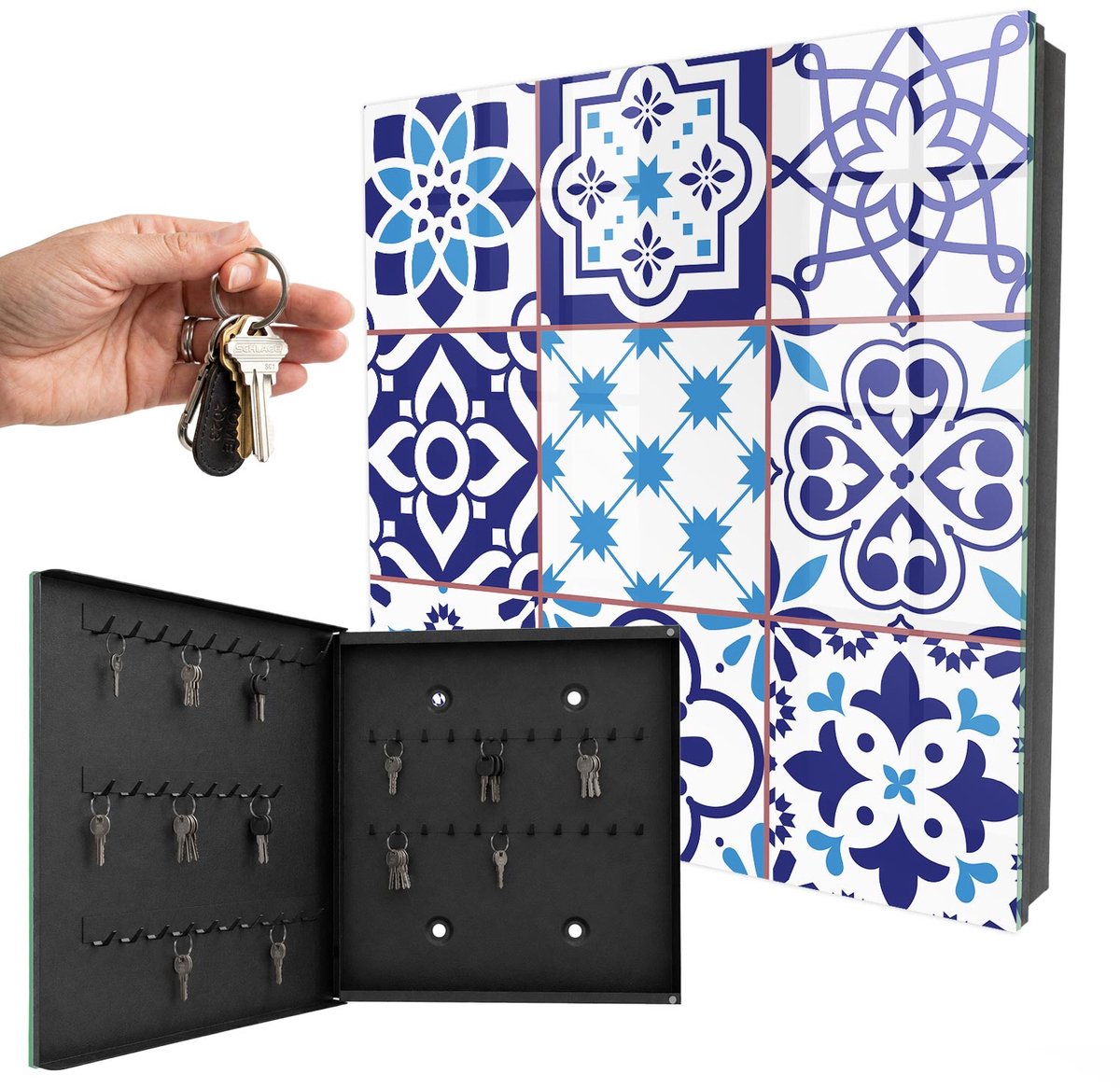 WallMuralia - Sleutelkast - 30x30x5 cm - met 50 haken - Geometrische Patronen Sleutelkastje Muur - Blauw Sleutelbox - Linksopenend - Zwart interieur