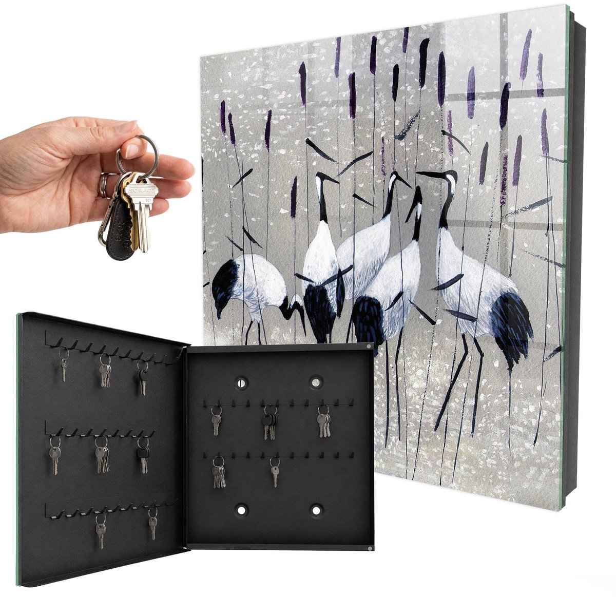 WallMuralia - Sleutelkast - 30x30x5 cm - met 50 haken - Kraanvogels En Riet Sleutelkastje Binnen - Grijs Sleutelbox - Linksopenend - Zwart interieur