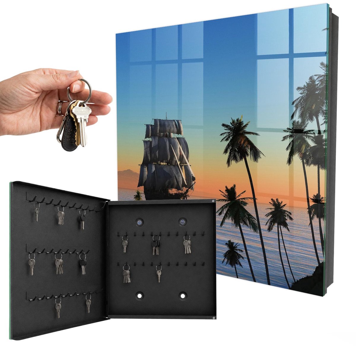 WallMuralia - Sleutelkast - 30x30x5 cm - met 50 haken - Zeilschip Groot Sleutelkastje - Blauw Sleutelbox - Linksopenend - Zwart interieur