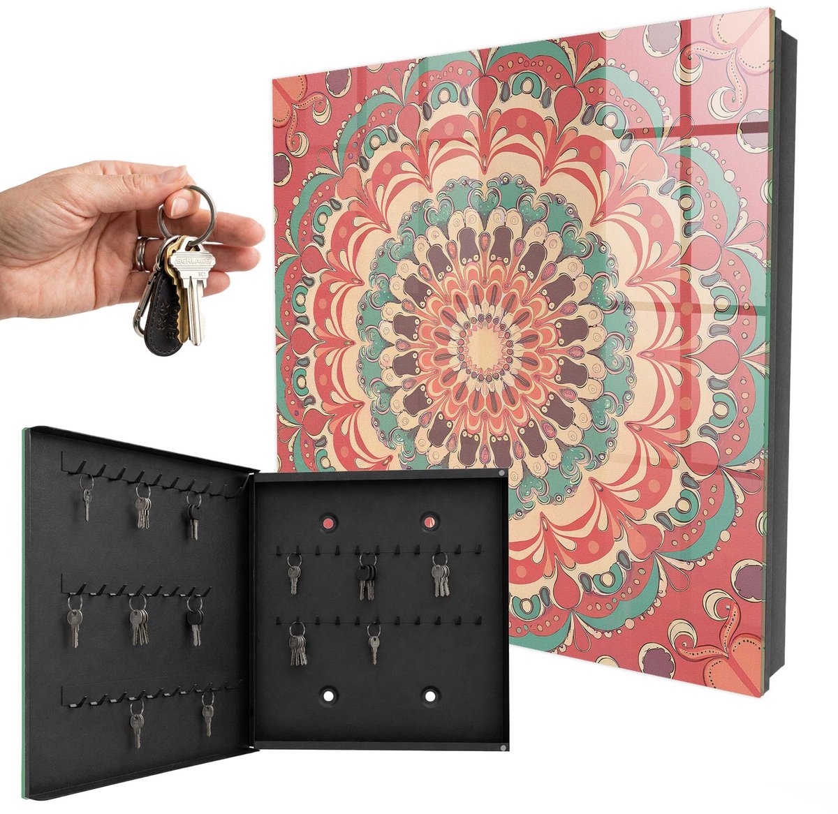WallMuralia - Sleutelkast - 30x30x5 cm - met 50 haken - Kleurrijke Mandala Groot Sleutelkastje - Oranje Sleutelbox - Linksopenend - Zwart interieur