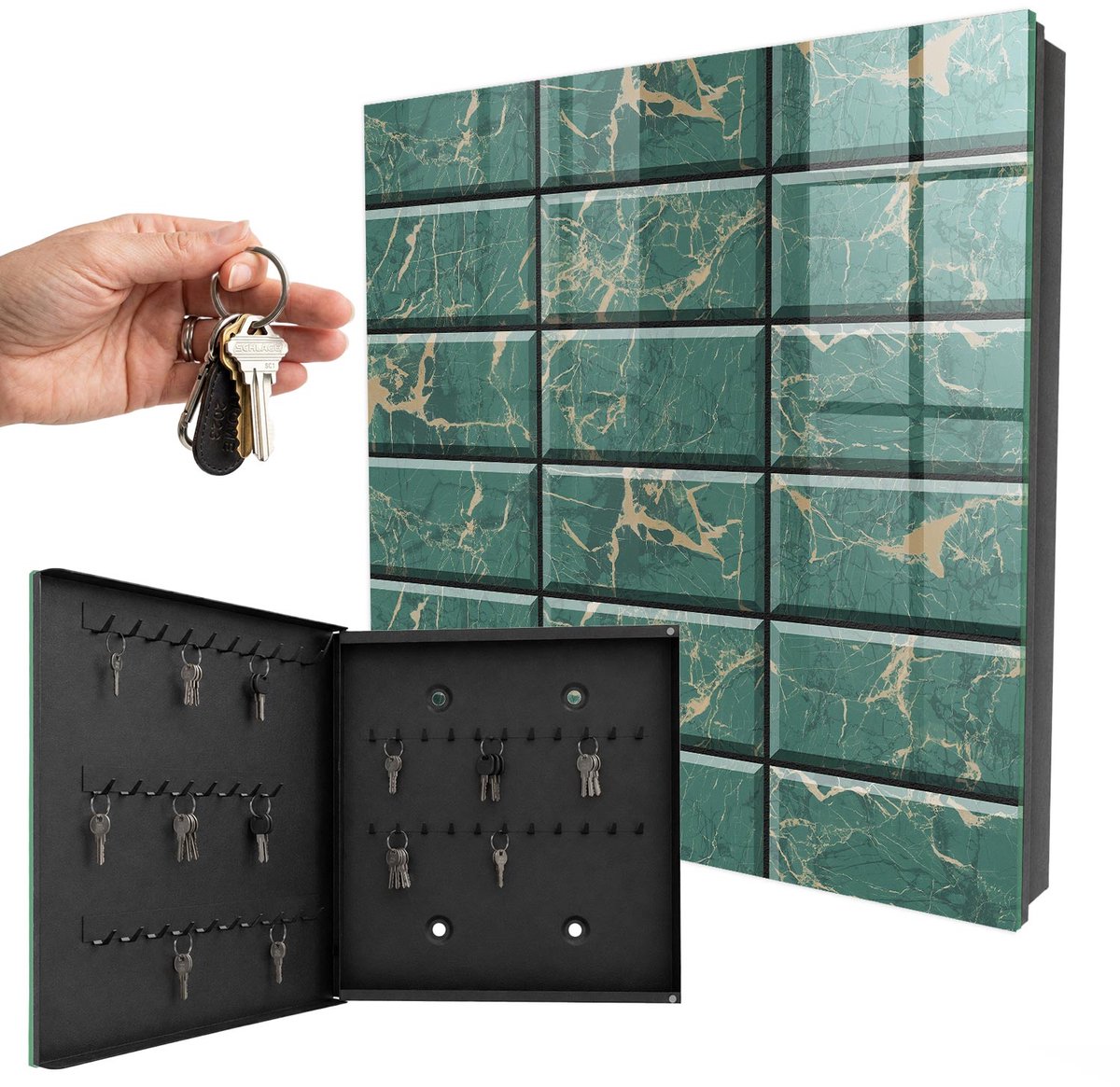 WallMuralia - Sleutelkast - 30x30x5 cm - met 50 haken - Groen Marmer Design Sleutelkastje - Groente Sleutelbox - Linksopenend - Zwart interieur
