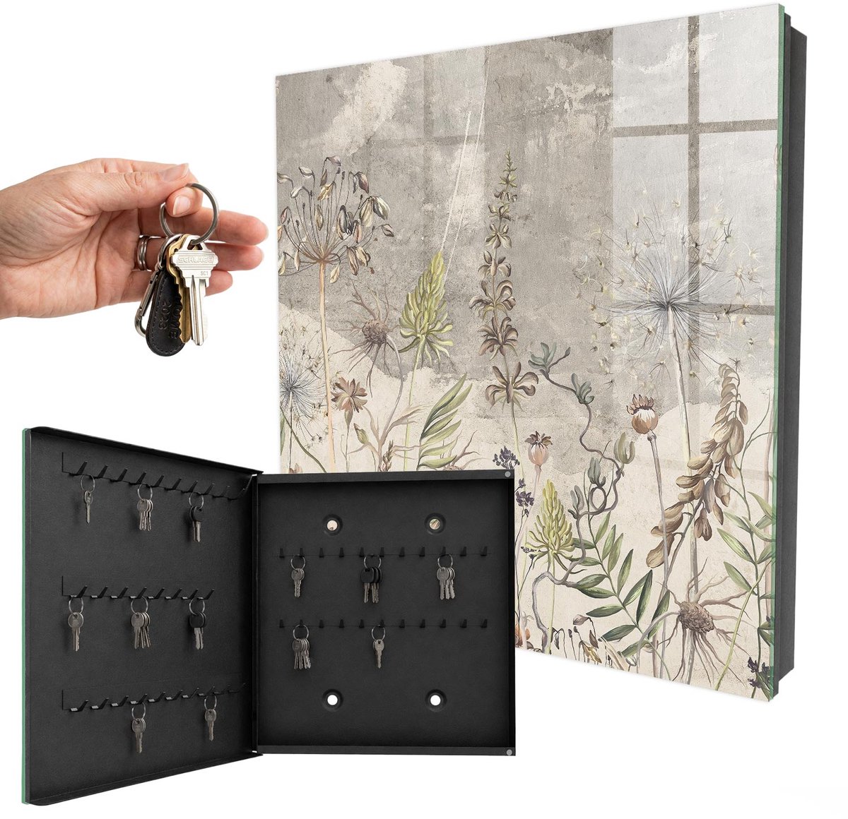 WallMuralia - Sleutelkast - 30x30x5 cm - met 50 haken - Vintage Planten Design Sleutelkastje - Grijs Sleutelbox - Linksopenend - Zwart interieur
