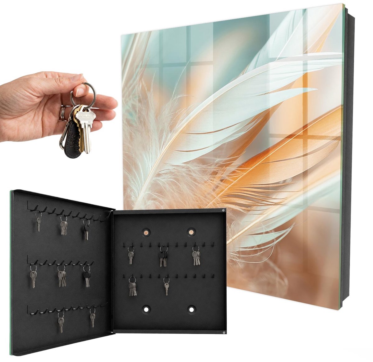 WallMuralia - Sleutelkast - 30x30x5 cm - met 50 haken - Pastelkleurige Veren Sleutelkastje Huis - Beige Sleutelbox - Linksopenend - Zwart interieur