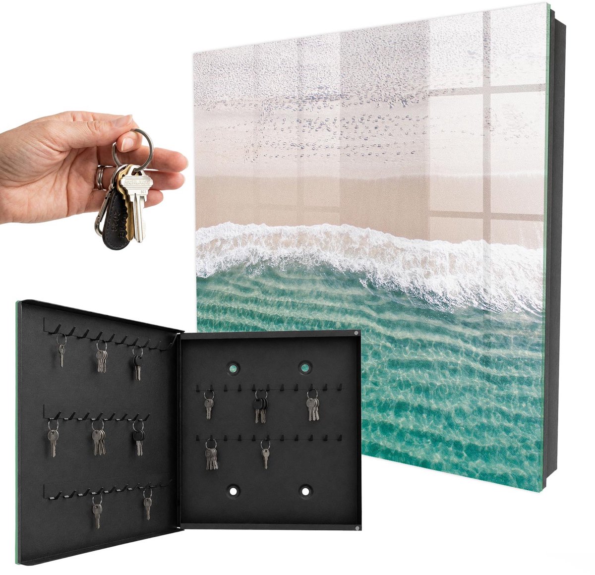 WallMuralia - Sleutelkast - 30x30x5 cm - met 50 haken - Zomerstrand Sleutelkastje - Wit Sleutelbox - Linksopenend - Zwart interieur