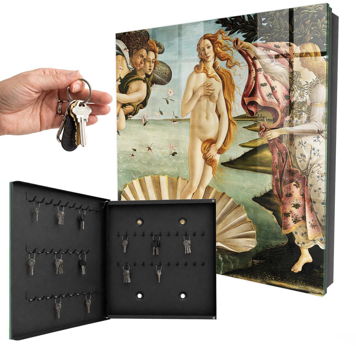 WallMuralia - Sleutelkast - 30x30x5 cm - met 50 haken - De Geboorte Van Venus Sleutelkastje Landelijk - Groente Sleutelbox - Linksopenend - Zwart interieur