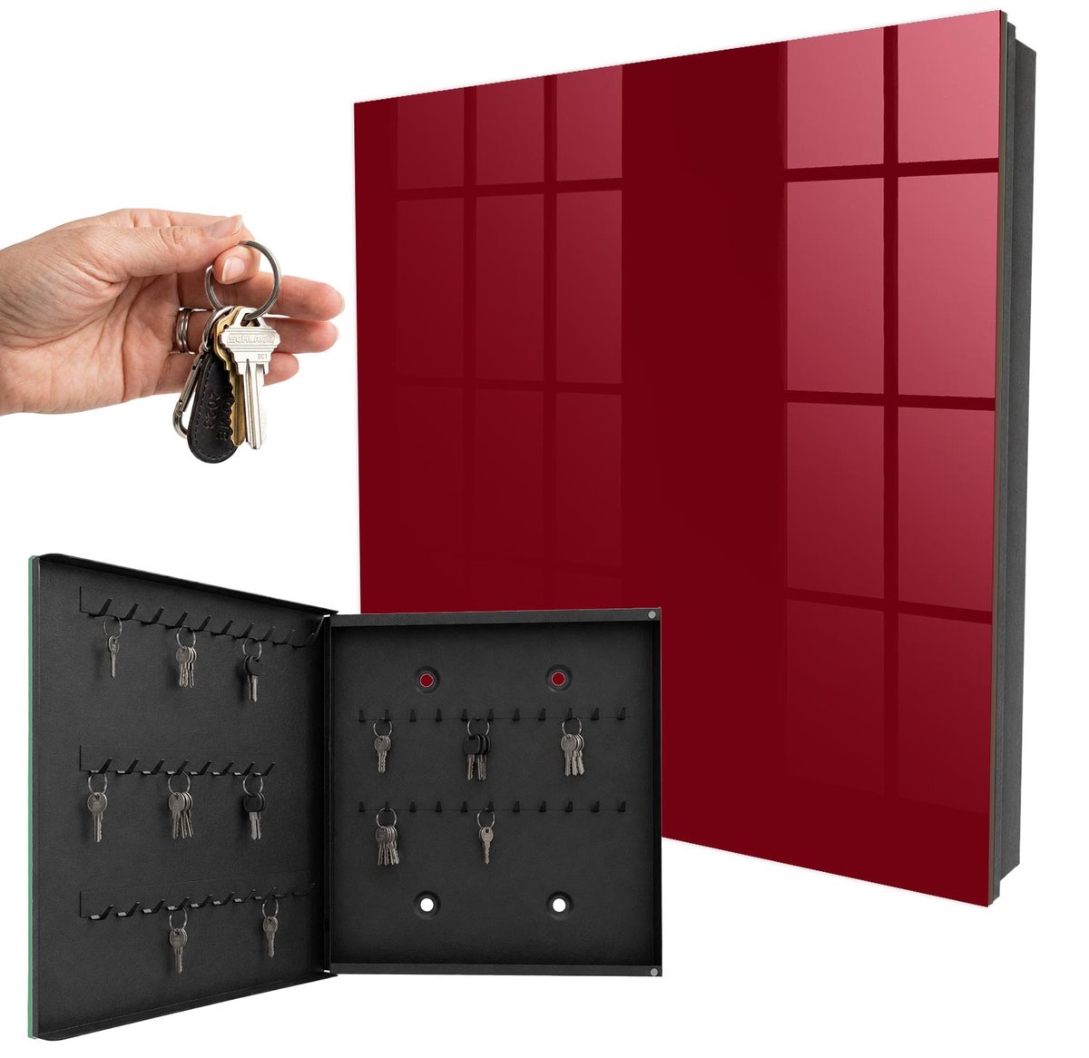WallMuralia - Sleutelkast - 30x30x5 cm - met 50 haken - Levendig Bordeauxrood Sleutelkastje Muur - Bordeaux Sleutelbox - Linksopenend - Zwart interieur