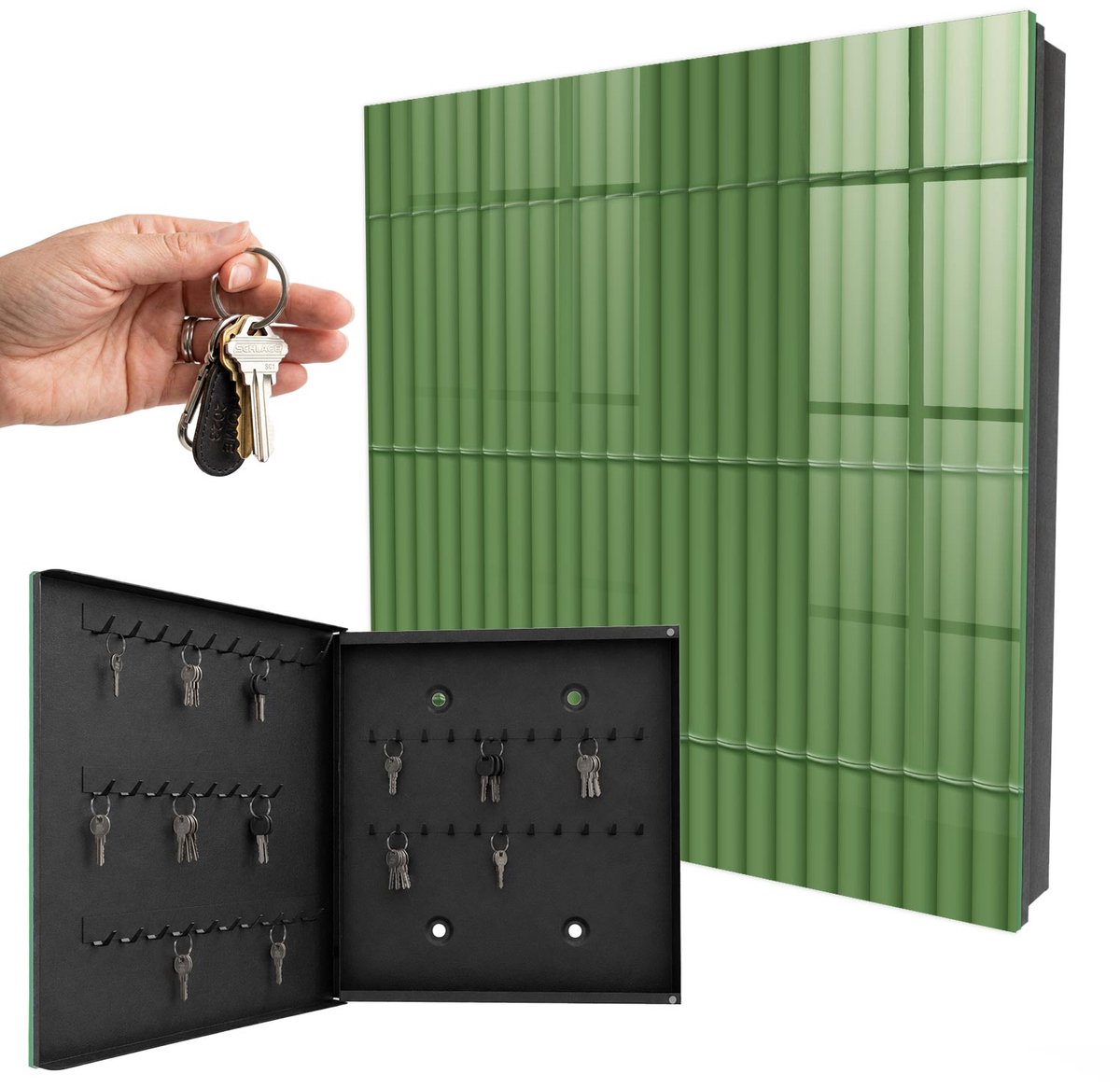 WallMuralia - Sleutelkast - 30x30x5 cm - met 50 haken - Groene Bamboe Sleutelkastje Muur - Groente Sleutelbox - Linksopenend - Zwart interieur
