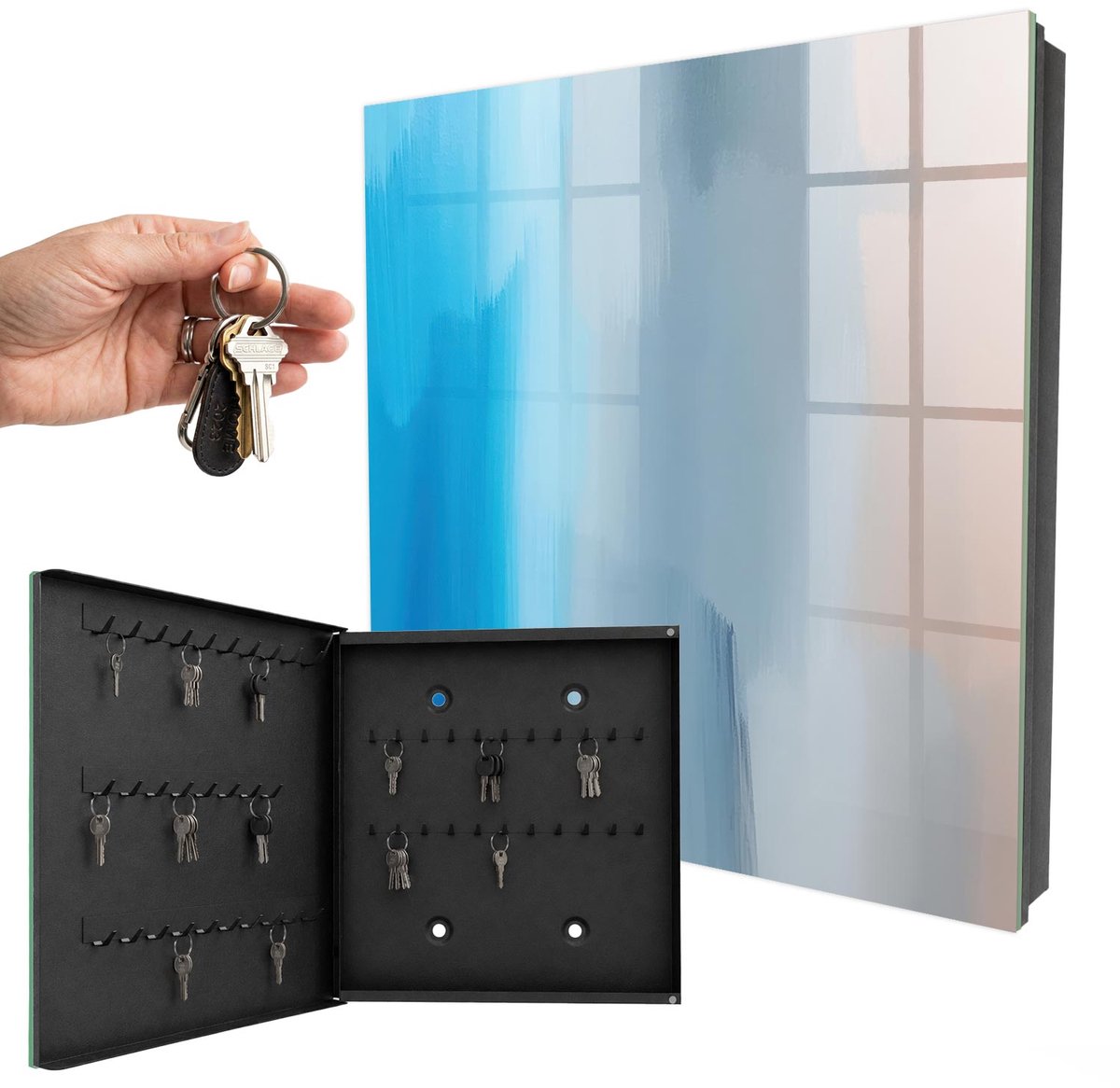 WallMuralia - Sleutelkast - 30x30x5 cm - met 50 haken - Ontspannende Gradiënt Sleutelkastje Klein - Blauw Sleutelbox - Linksopenend - Zwart interieur