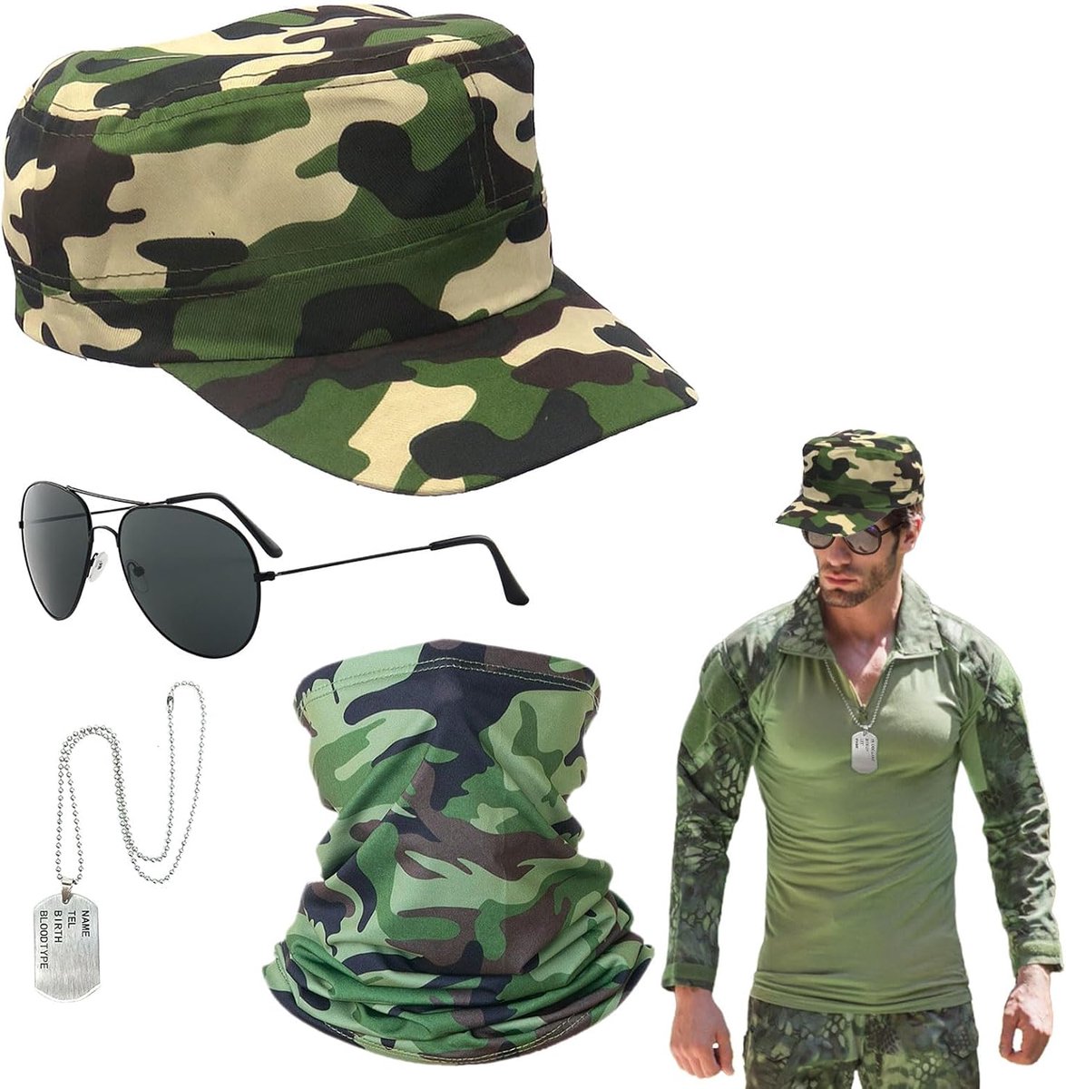 4-delige militaire kapitein kostuum met hoed, camouflage, halsdoek, zonnebril voor honden, pilotenkostuum, accessoires voor Halloween, jurk, themafeest (4 stuks)