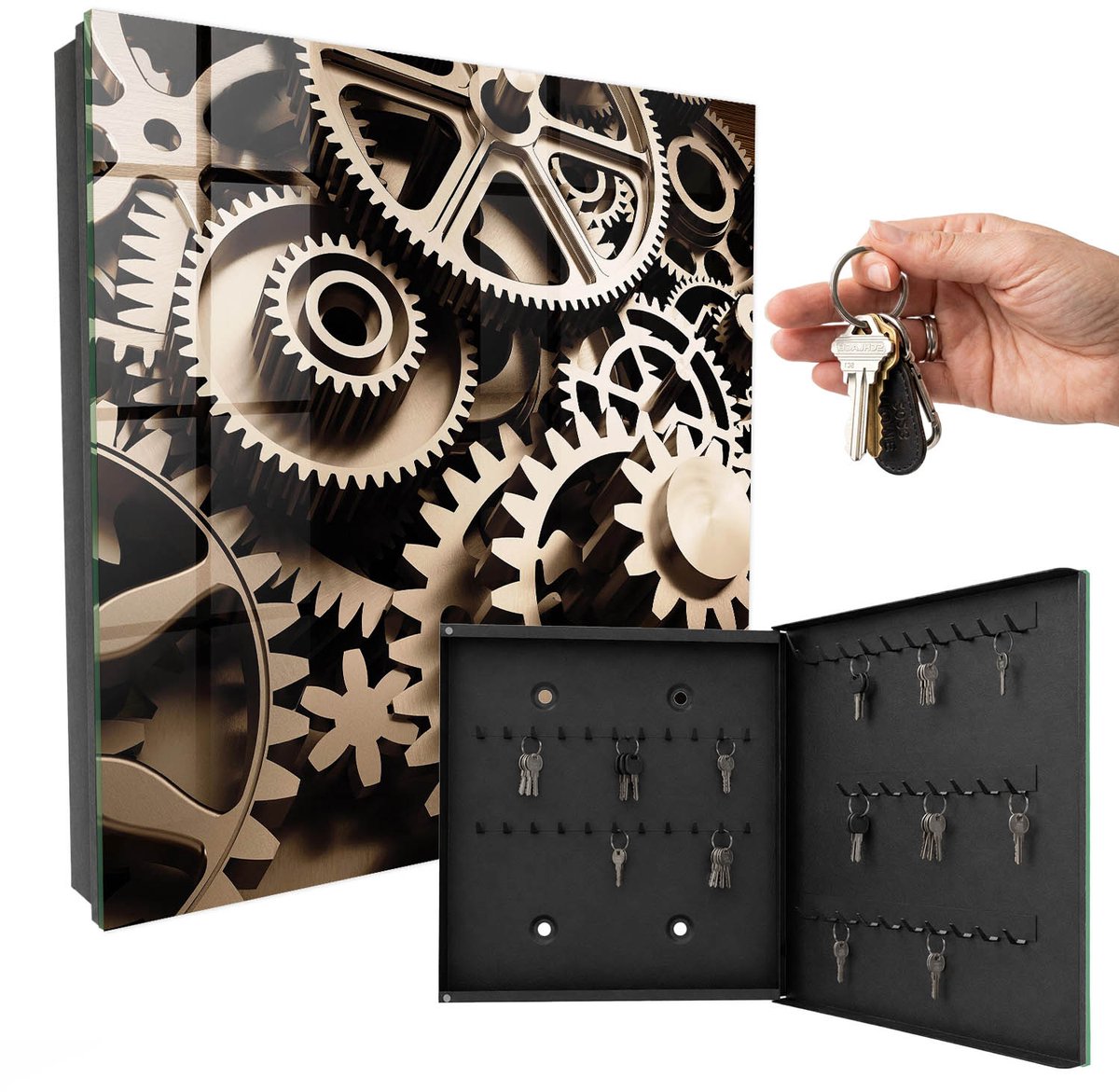 WallMuralia - Sleutelkast - 30x30x5 cm - met 50 haken - Mechanische Symbiose Leuk Sleutelkastje - Grijs Sleutelbox - Rechtsopenend - Zwart interieur