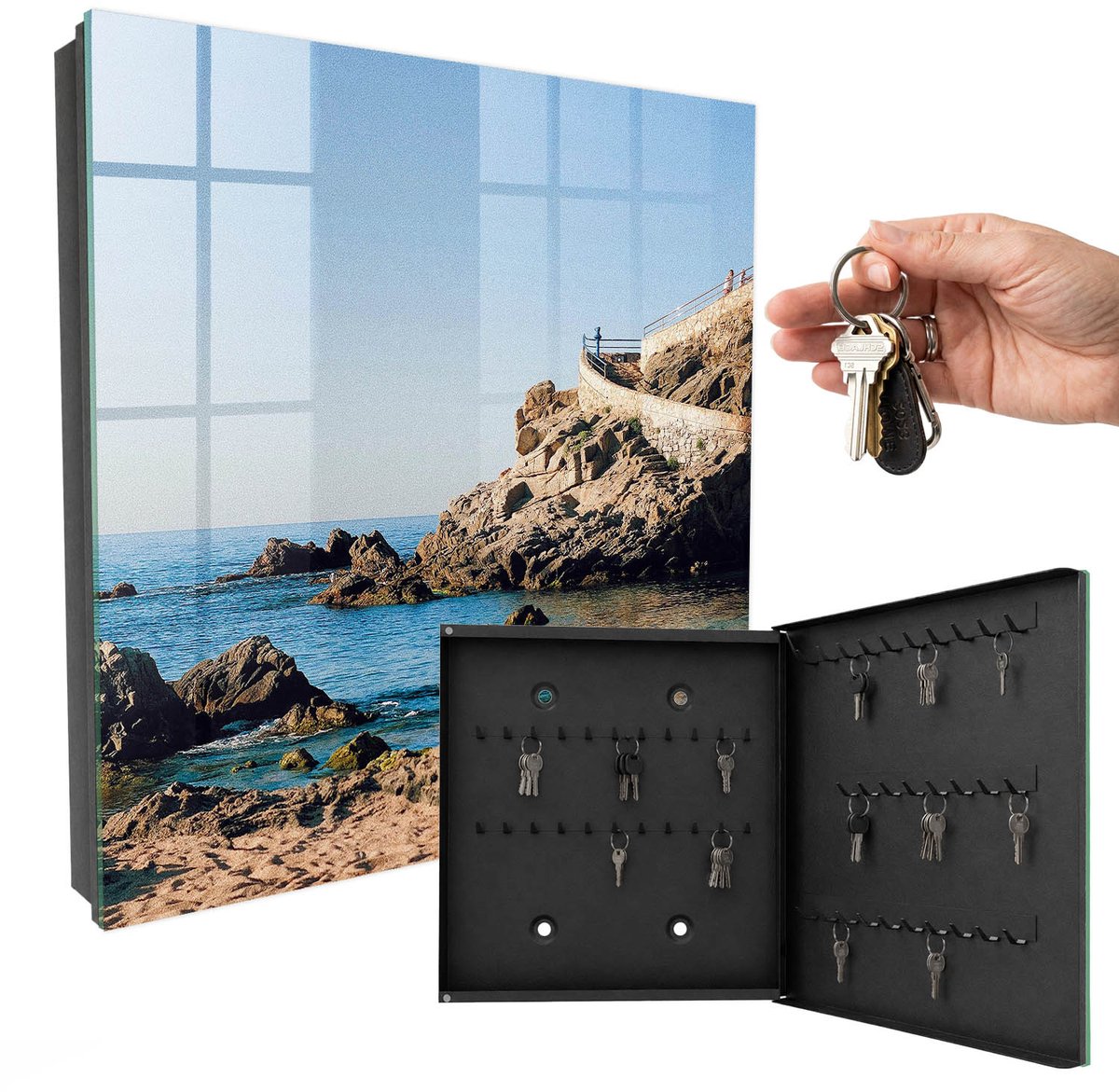 WallMuralia - Sleutelkast - 30x30x5 cm - met 50 haken - Kustlandschap Groot Sleutelkastje - Blauw Sleutelbox - Rechtsopenend - Zwart interieur