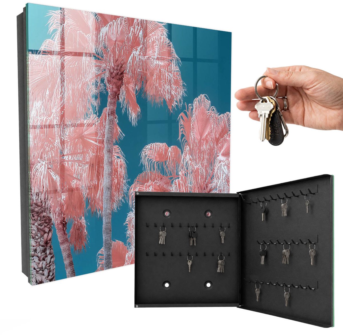 WallMuralia - Sleutelkast - 30x30x5 cm - met 50 haken - Tropische Compositie Groot Sleutelkastje - Roze Sleutelbox - Rechtsopenend - Zwart interieur