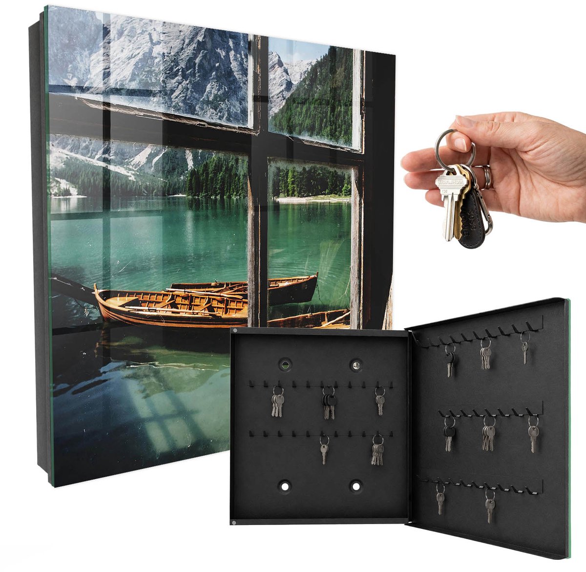 WallMuralia - Sleutelkast - 30x30x5 cm - met 50 haken - Bergmeer Sleutelkastje Muur - Turkoois Sleutelbox - Rechtsopenend - Zwart interieur