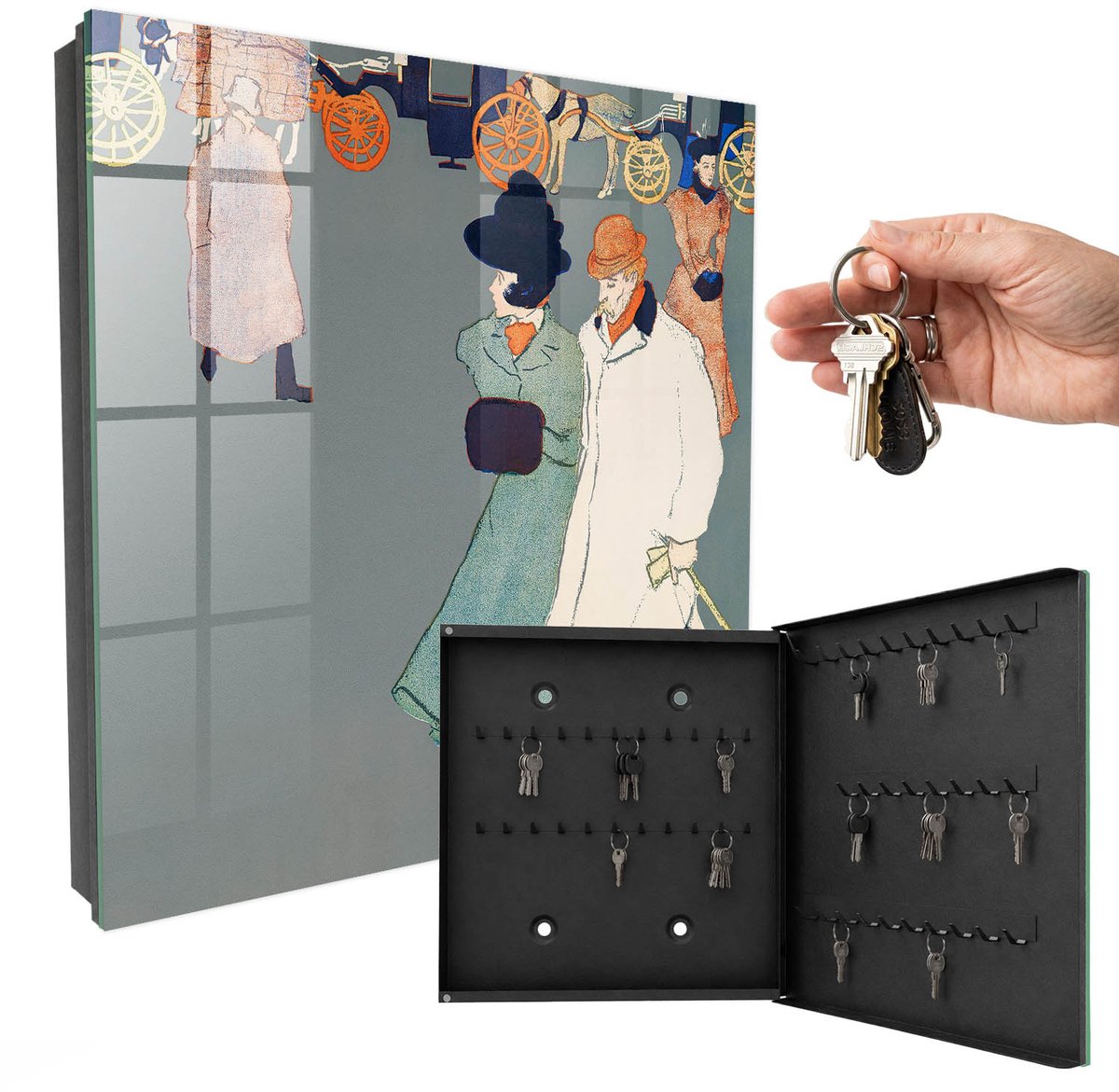 WallMuralia - Sleutelkast - 30x30x5 cm - met 50 haken - Stadswandeling Sleutelkastje Design - Grijs Sleutelbox - Rechtsopenend - Zwart interieur