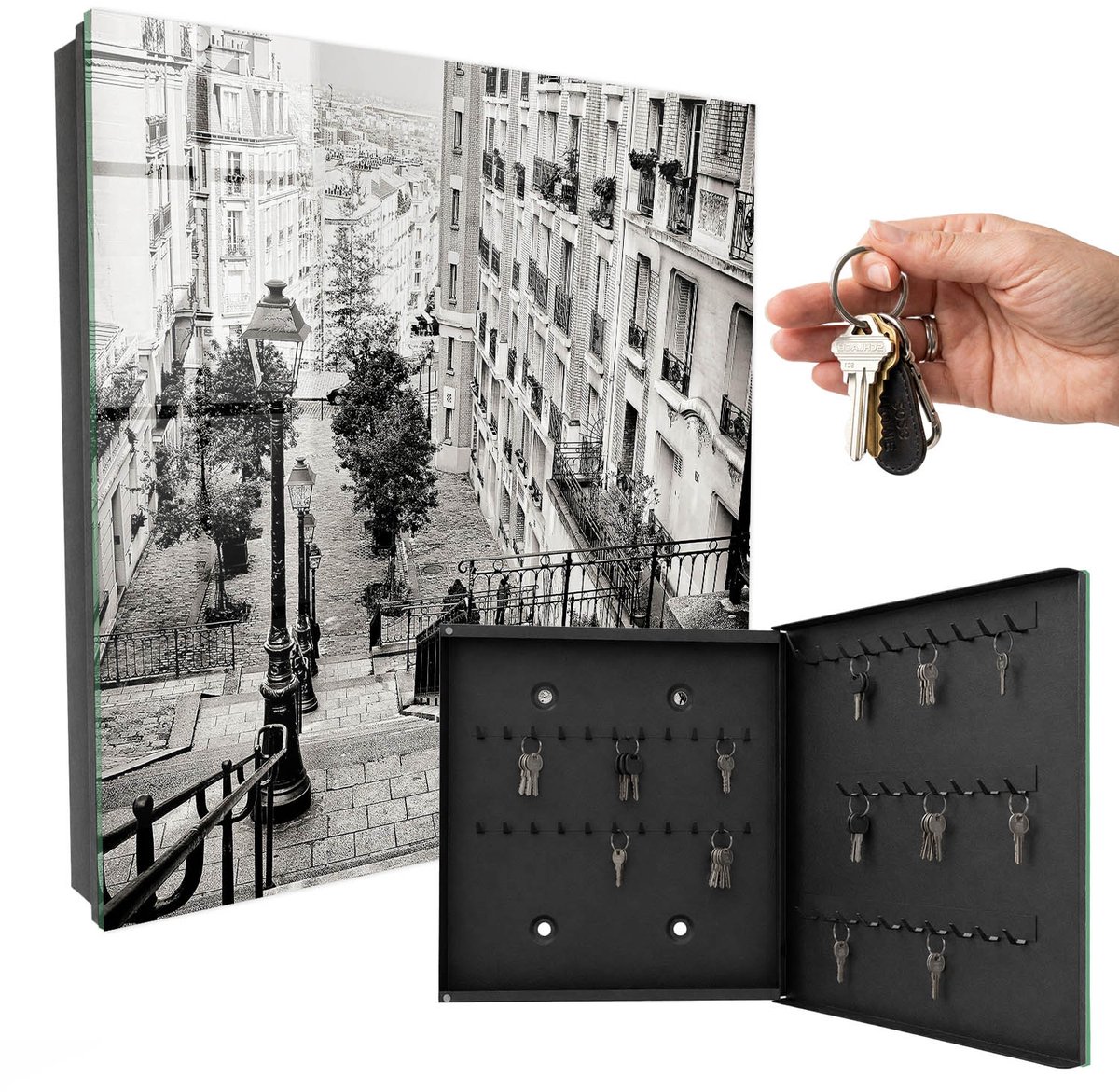 WallMuralia - Sleutelkast - 30x30x5 cm - met 50 haken - Stedelijke Charme Sleutelkastje Huis - Grijs Sleutelbox - Rechtsopenend - Zwart interieur
