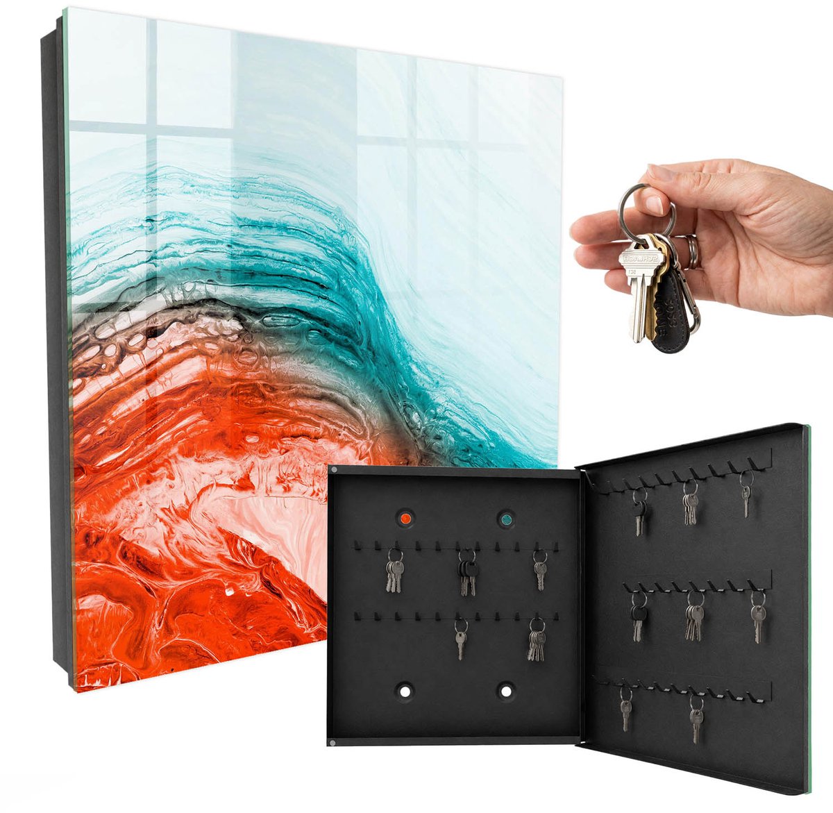 WallMuralia - Sleutelkast - 30x30x5 cm - met 50 haken - Kleurrijke Emoties Sleutelkastje Klein - Turkoois Sleutelbox - Rechtsopenend - Zwart interieur