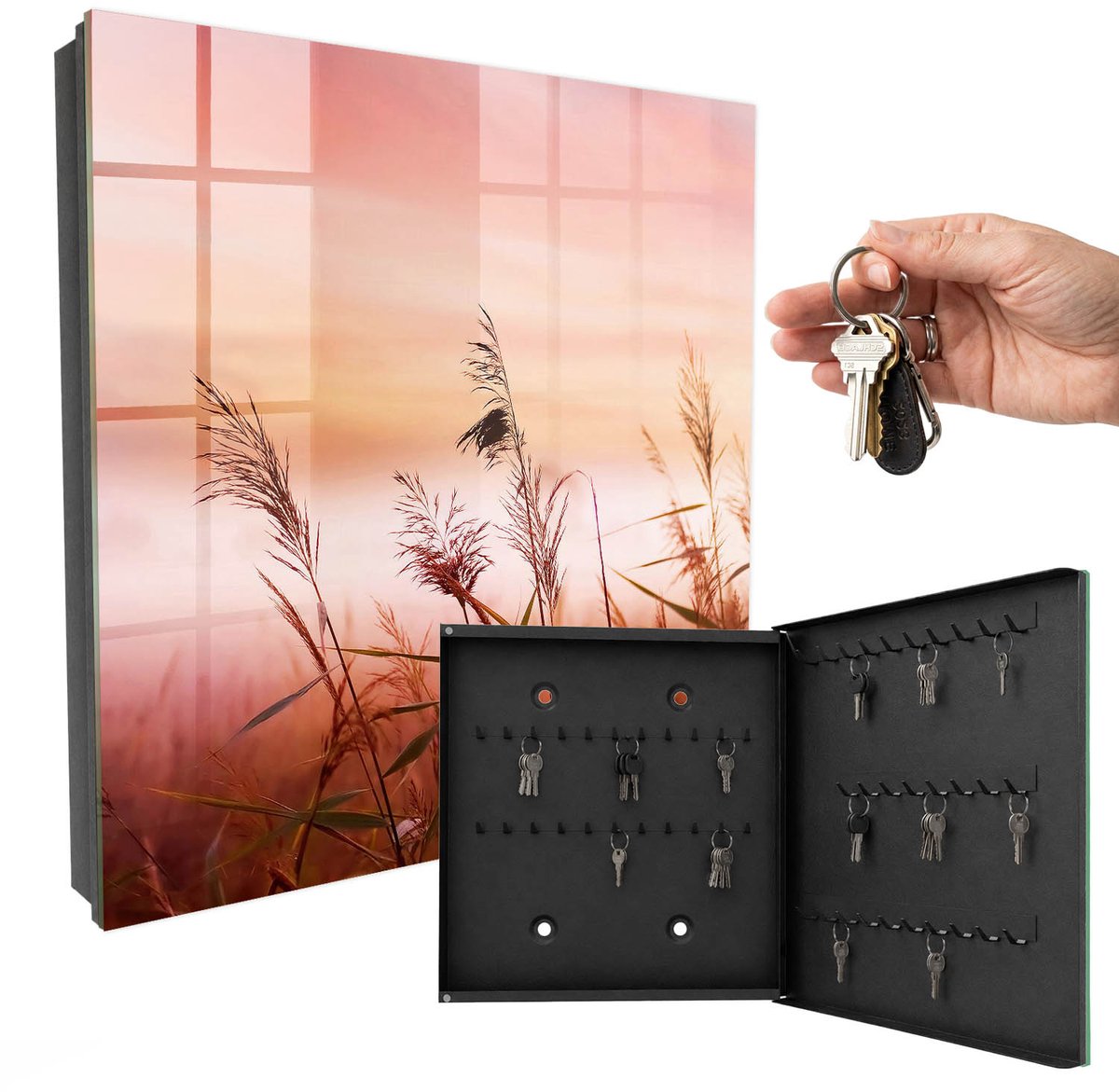 WallMuralia - Sleutelkast - 30x30x5 cm - met 50 haken - Grassen Bij Zonsopgang Sleutelkastje Modern - Oranje Sleutelbox - Rechtsopenend - Zwart interieur