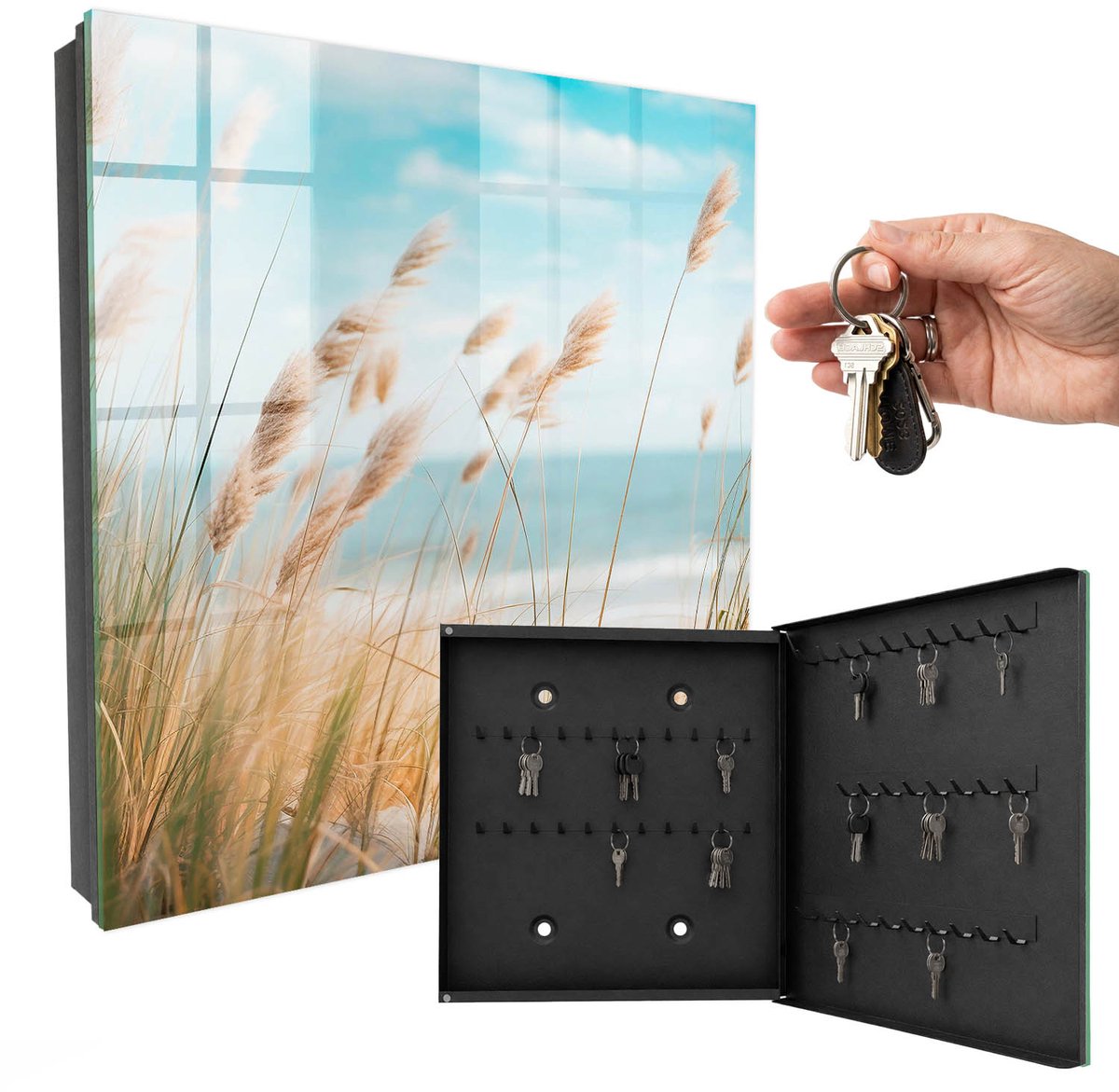 WallMuralia - Sleutelkast - 30x30x5 cm - met 50 haken - Zomerstrand Groot Sleutelkastje - Turkoois Sleutelbox - Rechtsopenend - Zwart interieur