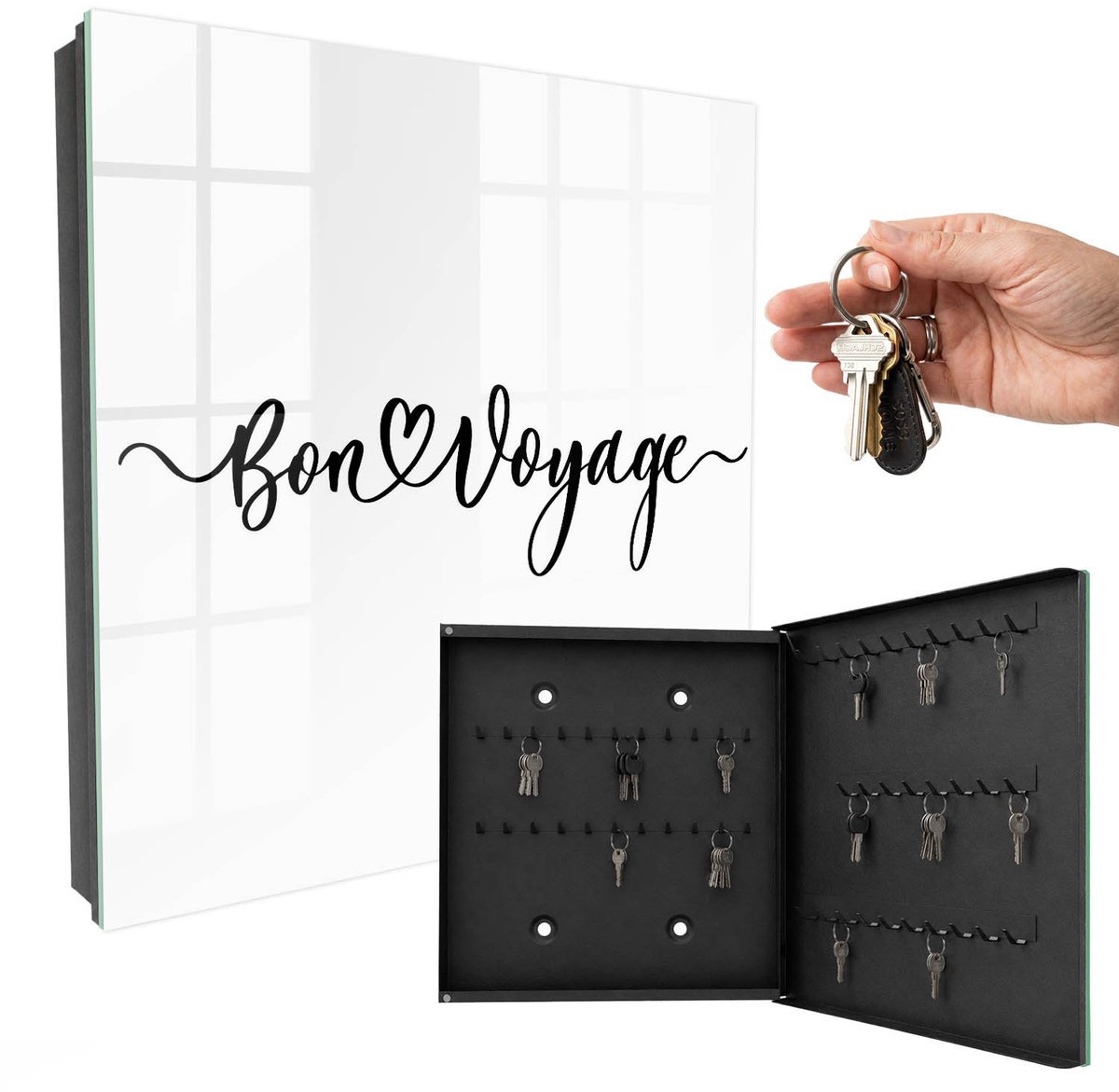 WallMuralia - Sleutelkast - 30x30x5 cm - met 50 haken - Reis Van Het Hart Sleutelkastje Huis - Zwart Sleutelbox - Rechtsopenend - Zwart interieur