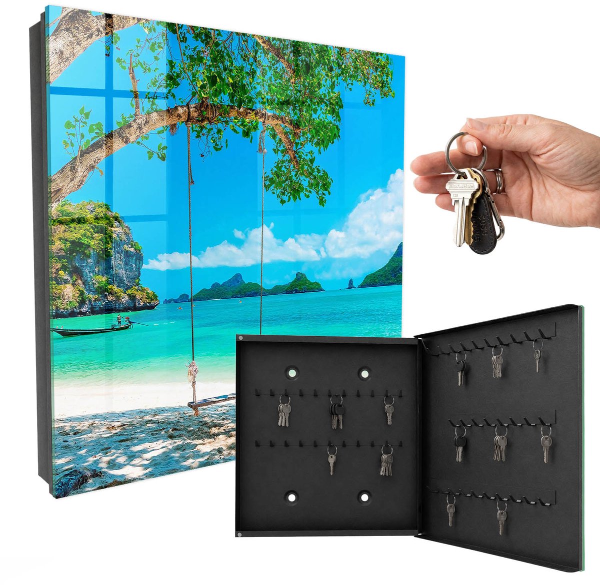 WallMuralia - Sleutelkast - 30x30x5 cm - met 50 haken - Tropisch Paradijs Design Sleutelkastje - Turkoois Sleutelbox - Rechtsopenend - Zwart interieur