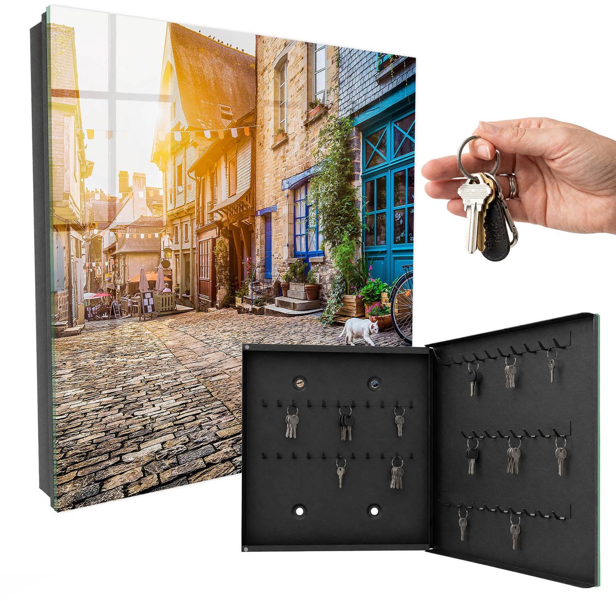 WallMuralia - Sleutelkast - 30x30x5 cm - met 50 haken - Stedelijke Vrede Sleutelkastje Muur - Beige Sleutelbox - Rechtsopenend - Zwart interieur