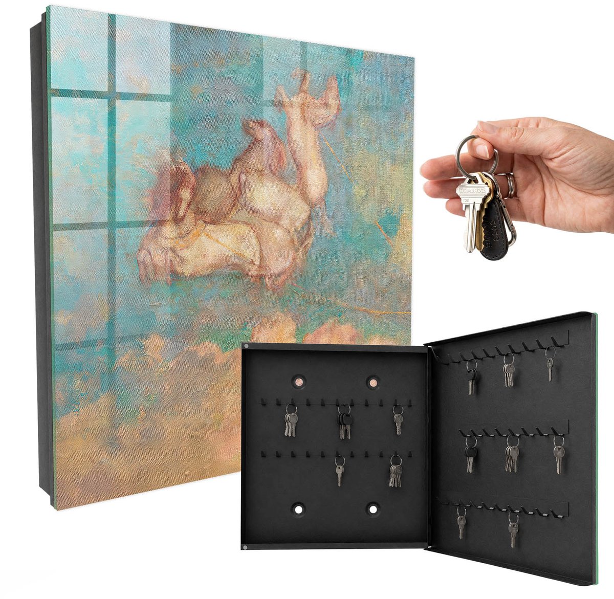 WallMuralia - Sleutelkast - 30x30x5 cm - met 50 haken - Een Droom Die Uitkomt Sleutelkastje Design - Turkoois Sleutelbox - Rechtsopenend - Zwart interieur