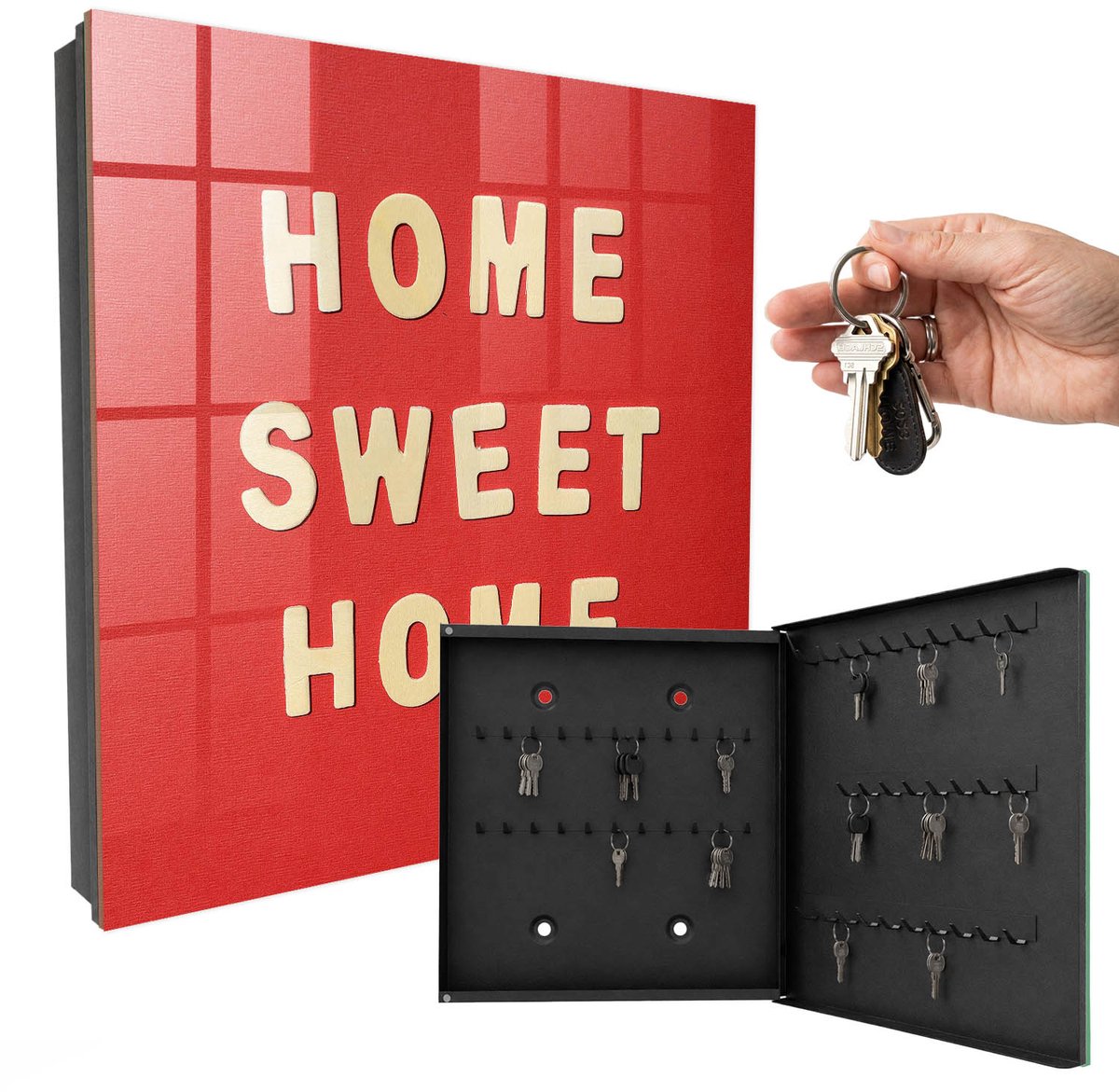 WallMuralia - Sleutelkast - 30x30x5 cm - met 50 haken - De Inscriptie Home Sweet Home Sleutelkastje Landelijk - Rood Sleutelbox - Rechtsopenend - Zwart interieur