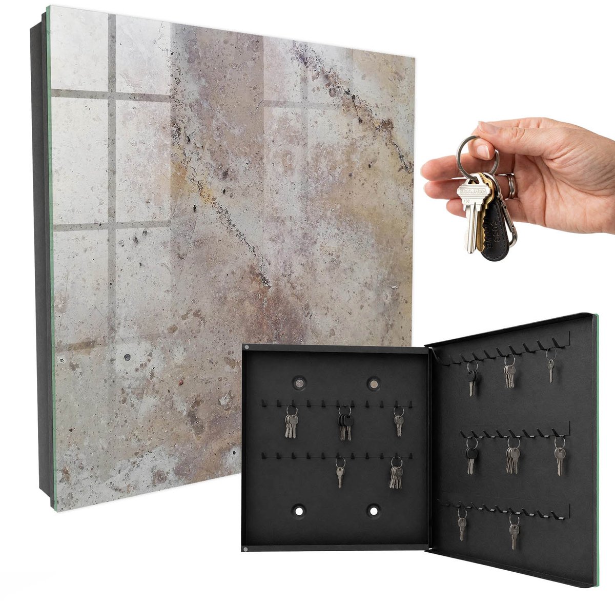 WallMuralia - Sleutelkast - 30x30x5 cm - met 50 haken - Aardse Textuur Sleutelkastje Binnen - Beige Sleutelbox - Rechtsopenend - Zwart interieur
