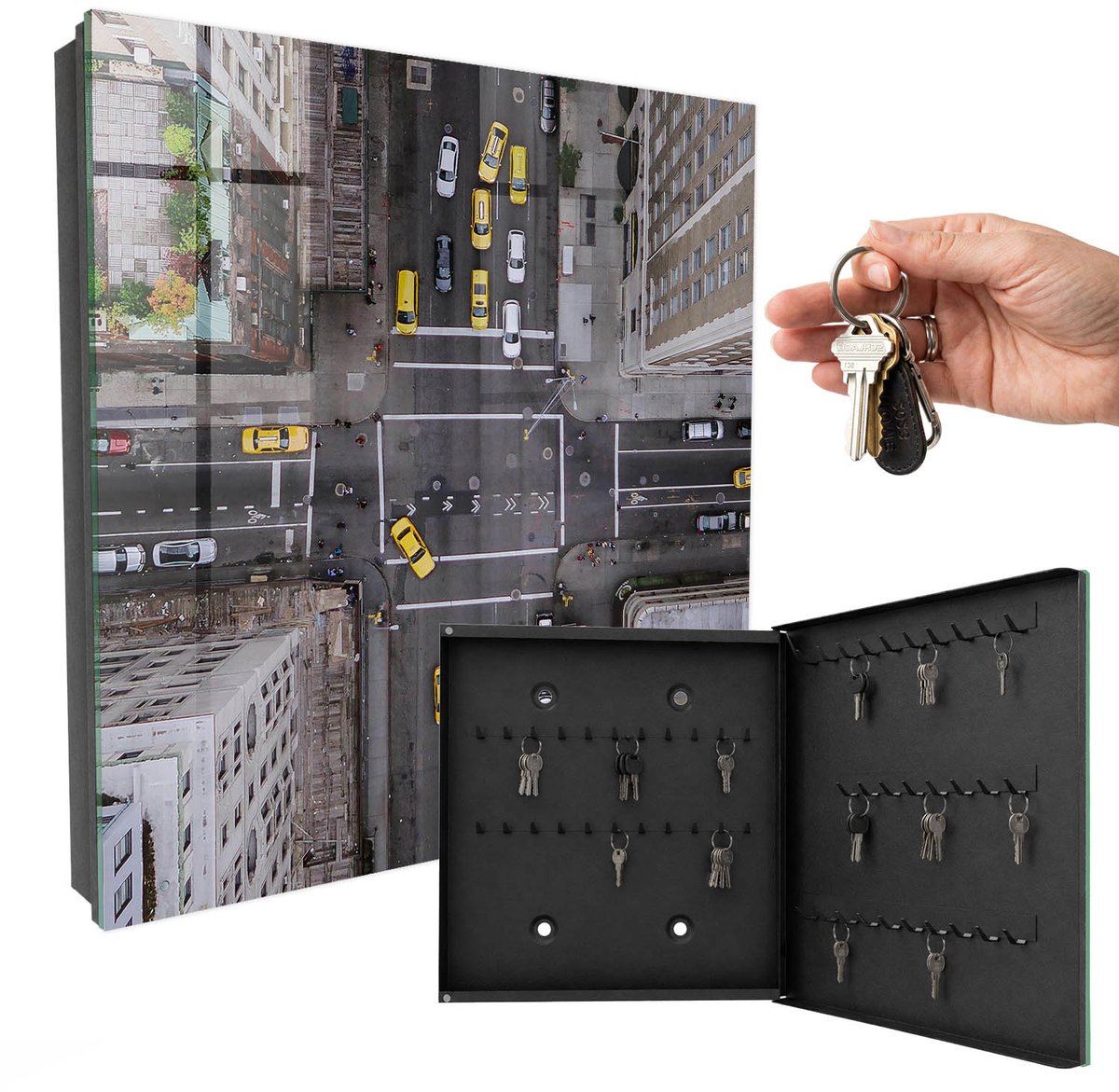 WallMuralia - Sleutelkast - 30x30x5 cm - met 50 haken - Stadsstraten Sleutelkastje Hal - Grijs Sleutelbox - Rechtsopenend - Zwart interieur