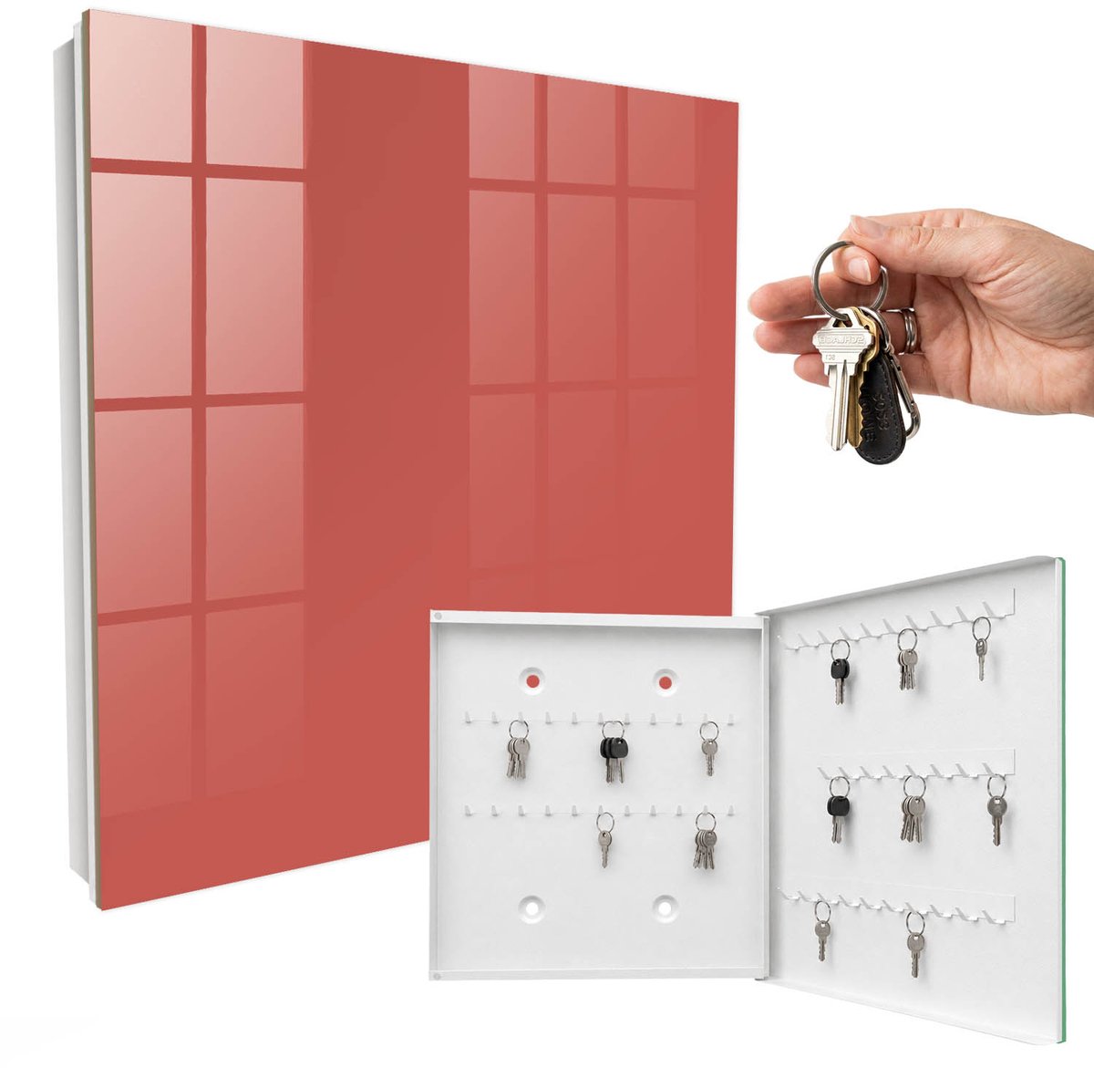 WallMuralia - Sleutelkast - 30x30x5 cm - met 50 haken - Donkere Zalm Sleutelkastje Industrieel - Zalm Sleutelbox - Rechtsopenend - Wit interieur