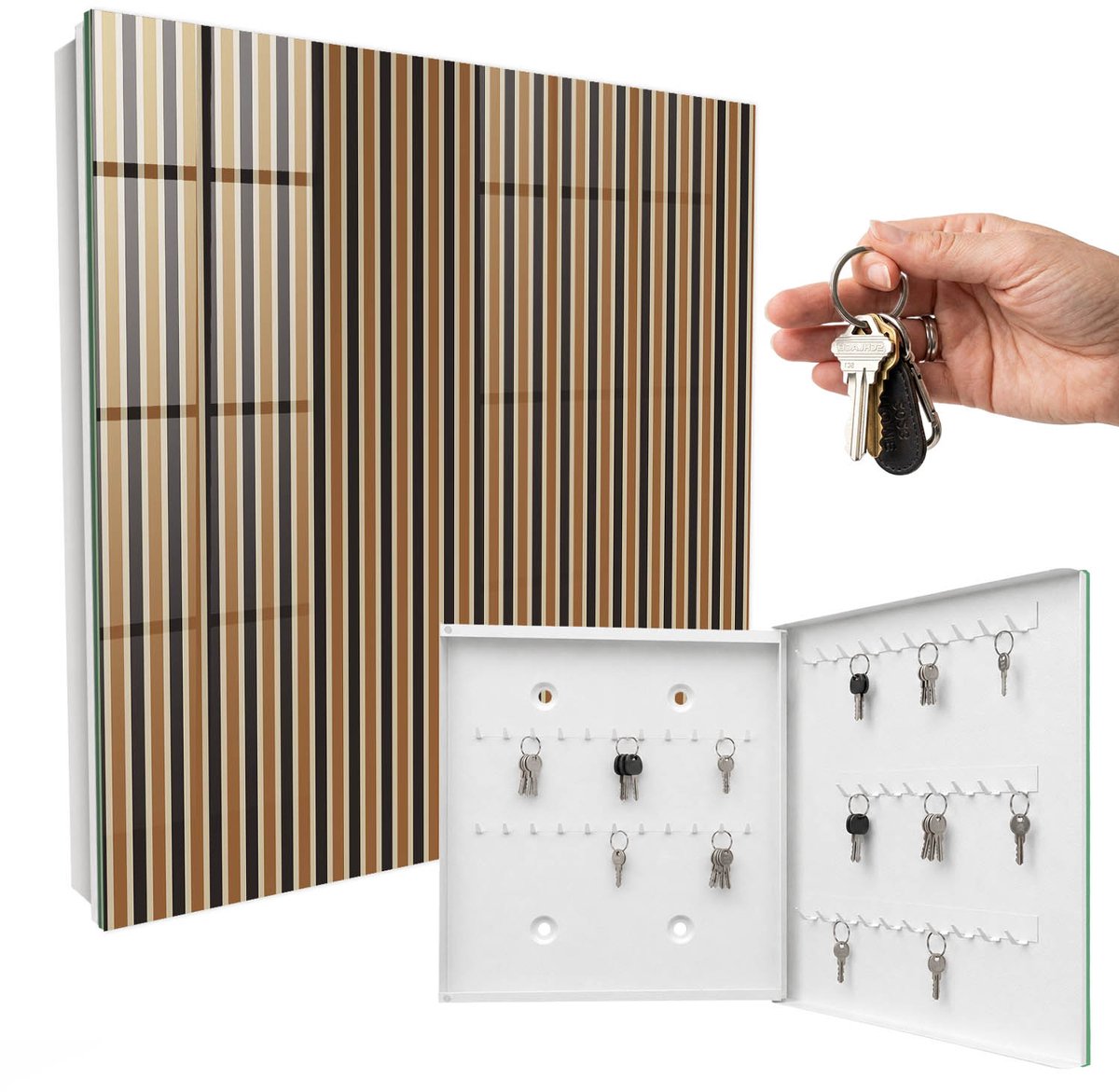WallMuralia - Sleutelkast - 30x30x5 cm - met 50 haken - Minimalistische Strepen Sleutelkastje Klein - Bruin Sleutelbox - Rechtsopenend - Wit interieur