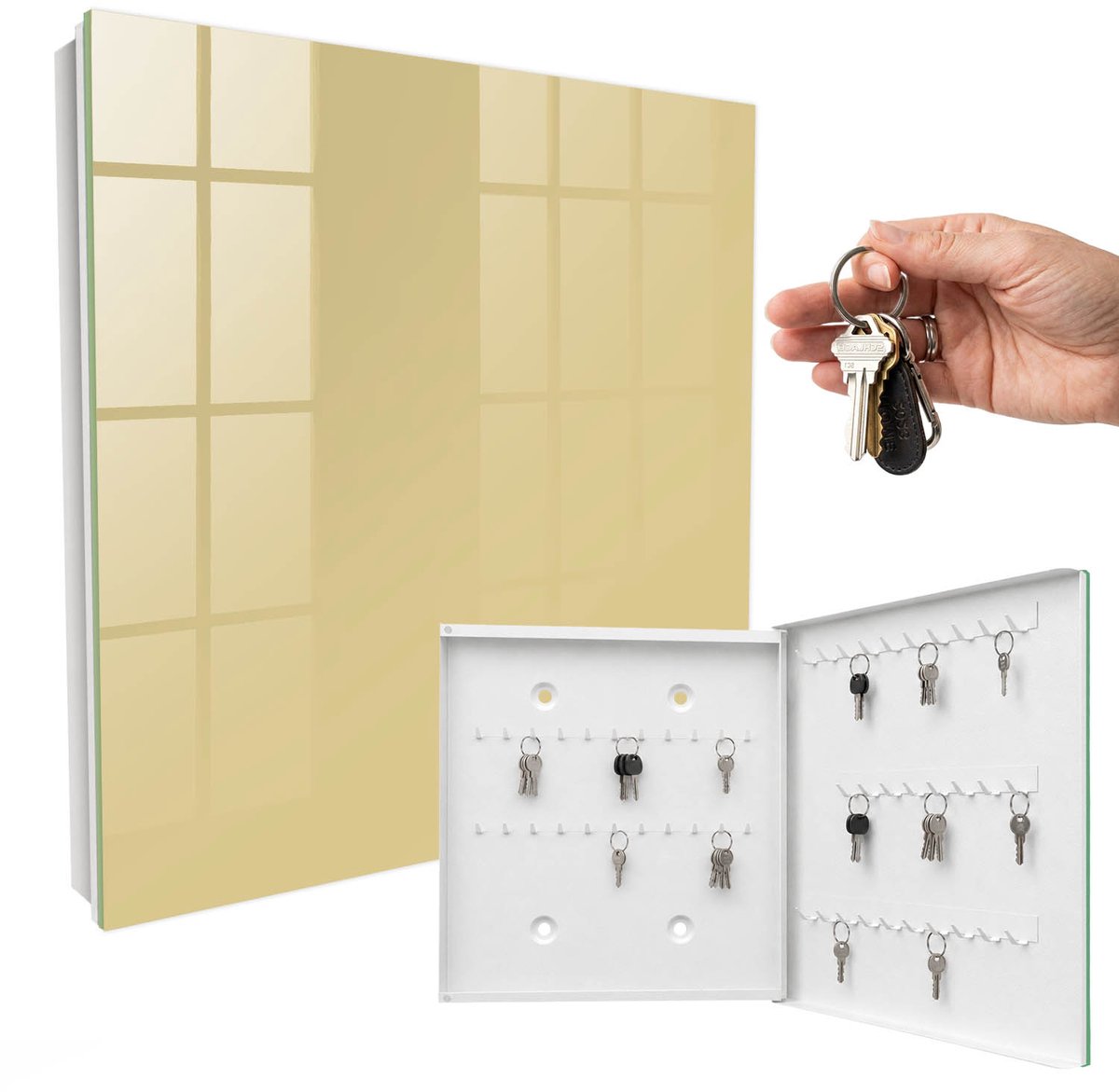 WallMuralia - Sleutelkast - 30x30x5 cm - met 50 haken - Mosterdkleur Sleutelkastje Klein - Romig Sleutelbox - Rechtsopenend - Wit interieur