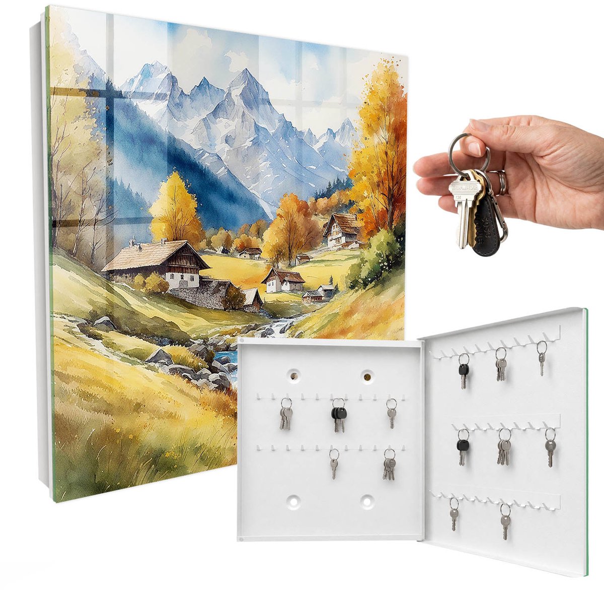 WallMuralia - Sleutelkast - 30x30x5 cm - met 50 haken - Bergvrede Sleutelkastje Industrieel - Geel Sleutelbox - Rechtsopenend - Wit interieur
