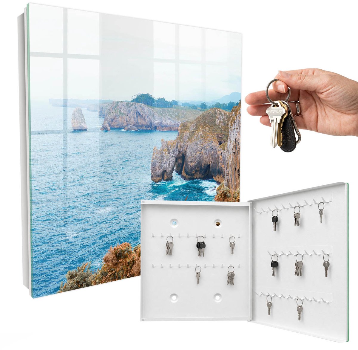 WallMuralia - Sleutelkast - 30x30x5 cm - met 50 haken - Zeegezicht Sleutelkastje Klein - Blauw Sleutelbox - Rechtsopenend - Wit interieur
