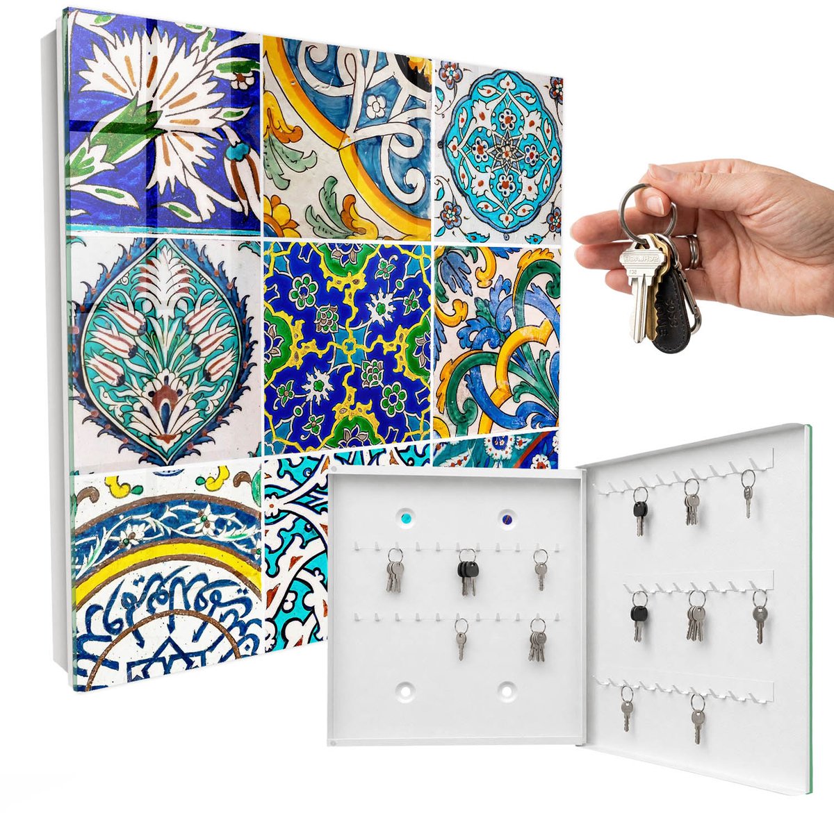 WallMuralia - Sleutelkast - 30x30x5 cm - met 50 haken - Kleurrijke Patronen Design Sleutelkastje - Blauw Sleutelbox - Rechtsopenend - Wit interieur